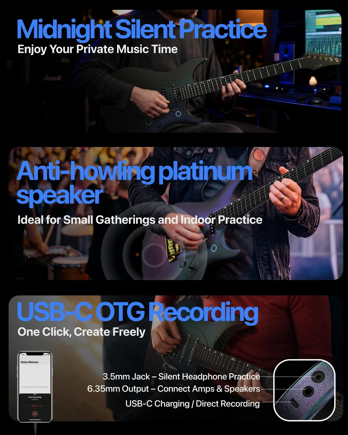 ENYA INSPIRE PRO AL Chitarra Elettrica con Pickup APEX LAB | Altoparlante 20W anti-larsen, corpo carbonio 39", 64 preset, looper, accordatore, barra tattile, per suono silenzioso e live.