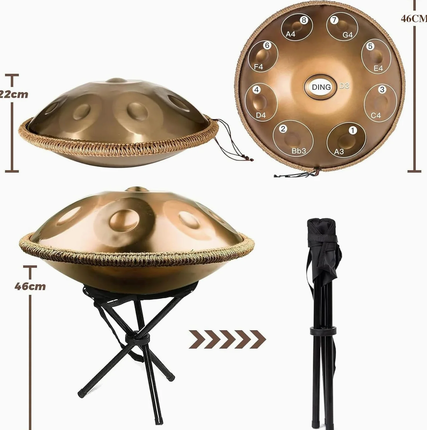 Tamburo manuale a 9 note, in re minore da 440 Hz, in acciaio, con borsa per il trasporto, supporto e mazzuole, per la guarigione del suono, la meditazione, lo yoga