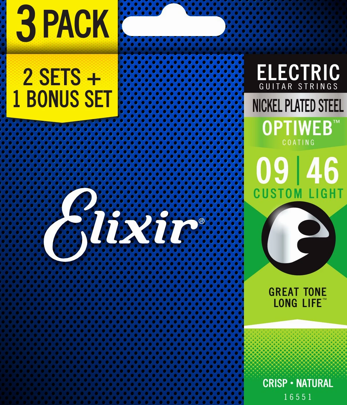 Elixir corde 16551 acciaio nichelato per chitarra elettrica con rivestimento Optiweb, set da 3 pezzi