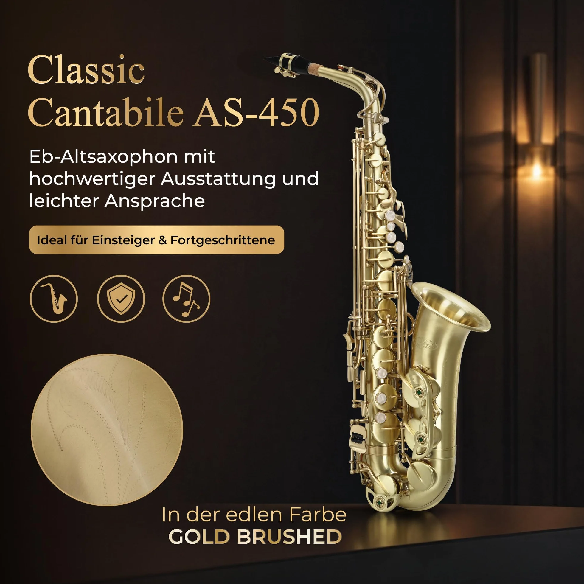 Classic Cantabile AS-450 Spazzolato Eb Set Sassofono Alto, Chiave Fa# alta | Sax alto in ottone, Spazzolato a mano opaco, Verniciato trasparente, Suono pieno e caldo, Risposta rapida, Buona intonazione