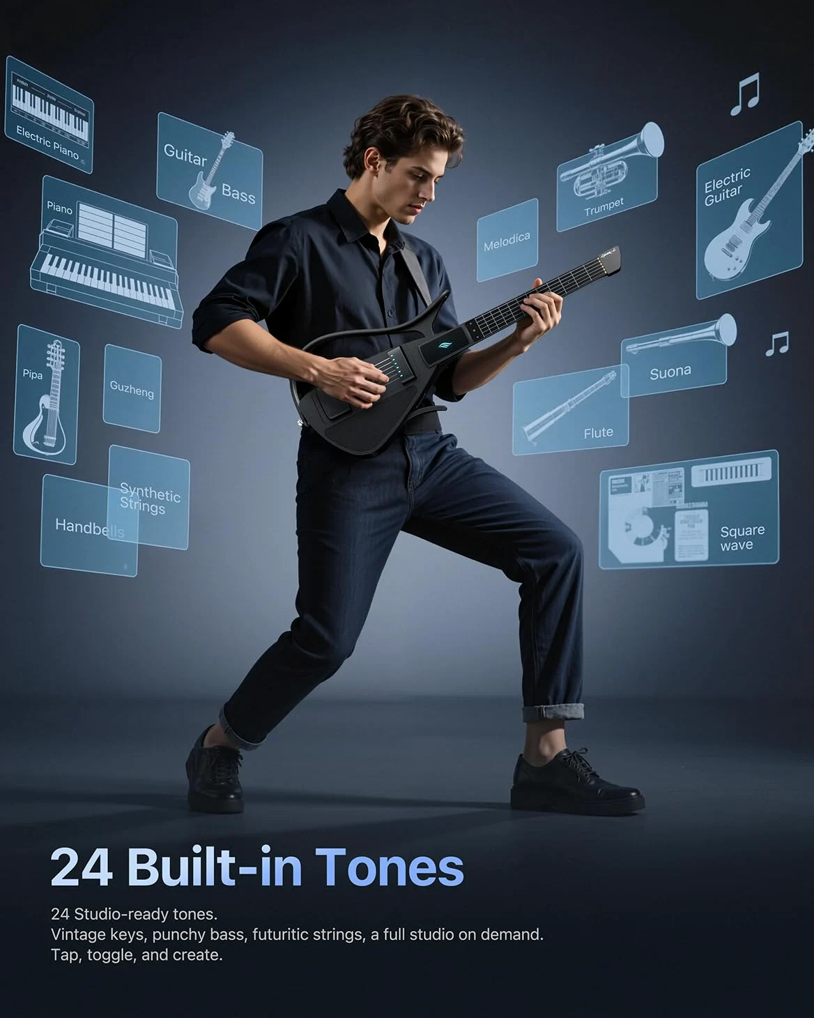 Enya CYBER-G Chitarra Smart – con corde in silicone, 24 suoni integrati, chitarra da viaggio silenziosa nera con altoparlante, drum system, app e accordi interattivi per adulti o adolescenti
