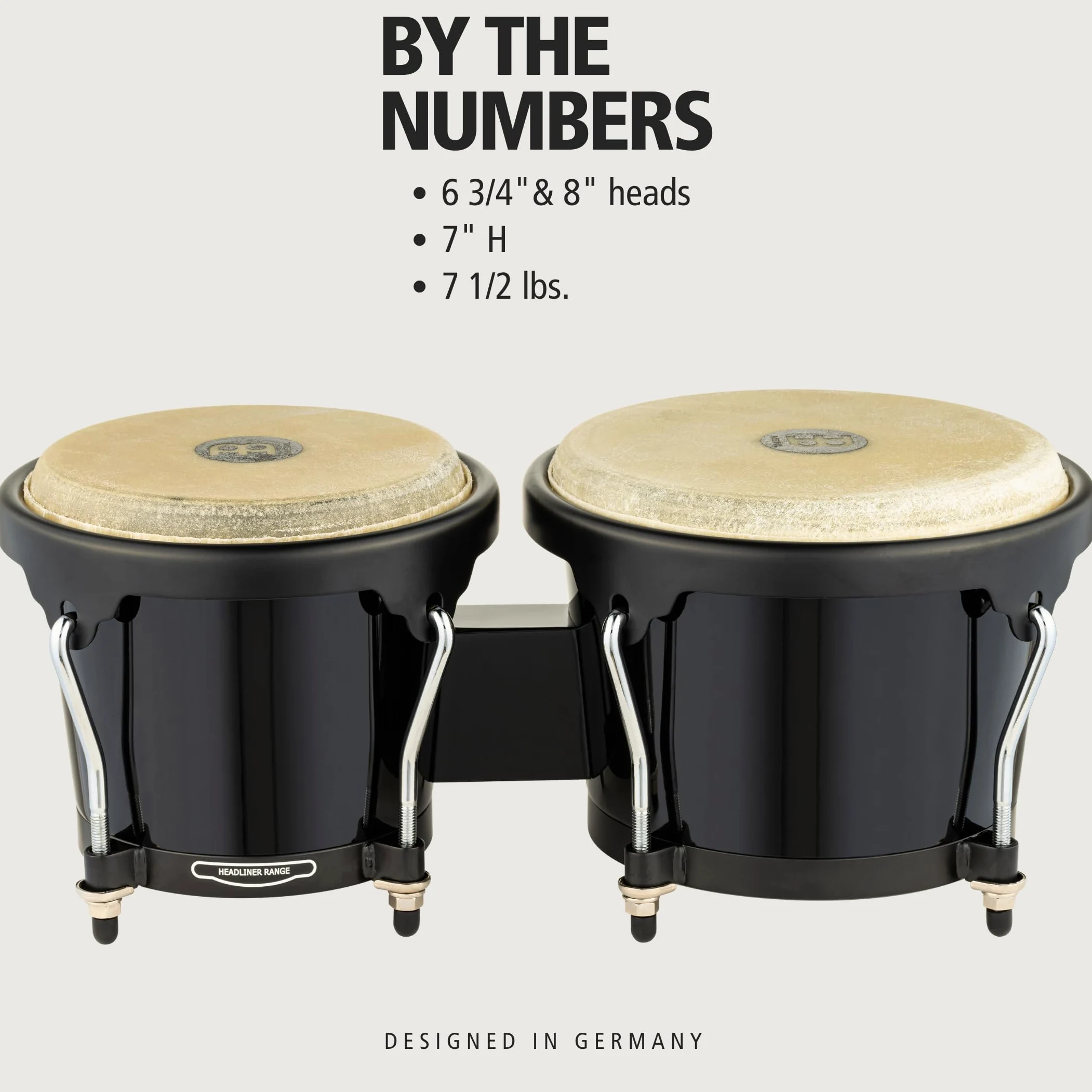 Meinl Percussion Bongos Headliner Fiberglass - 2 Tamburi a Mano da 6.75 e 8 Pollici - Chiave Accordatura Inclusa - Fiberglass Premium, Black (HFB100BK)