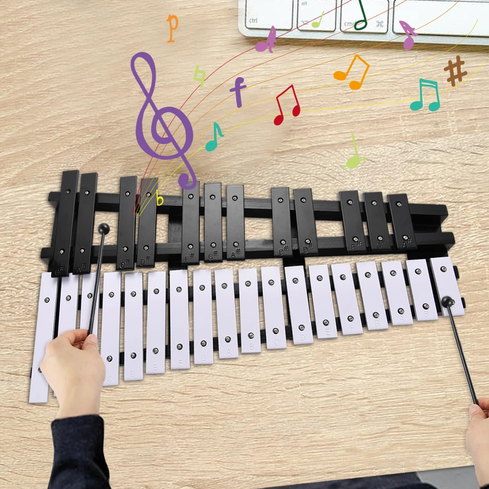 Naroote Xilofono, Xilofono per adulti Strumento xilofono a 30 note con tasti in alluminio spessi 5 mm Strumenti per principianti e professionisti (Nero Bianco)