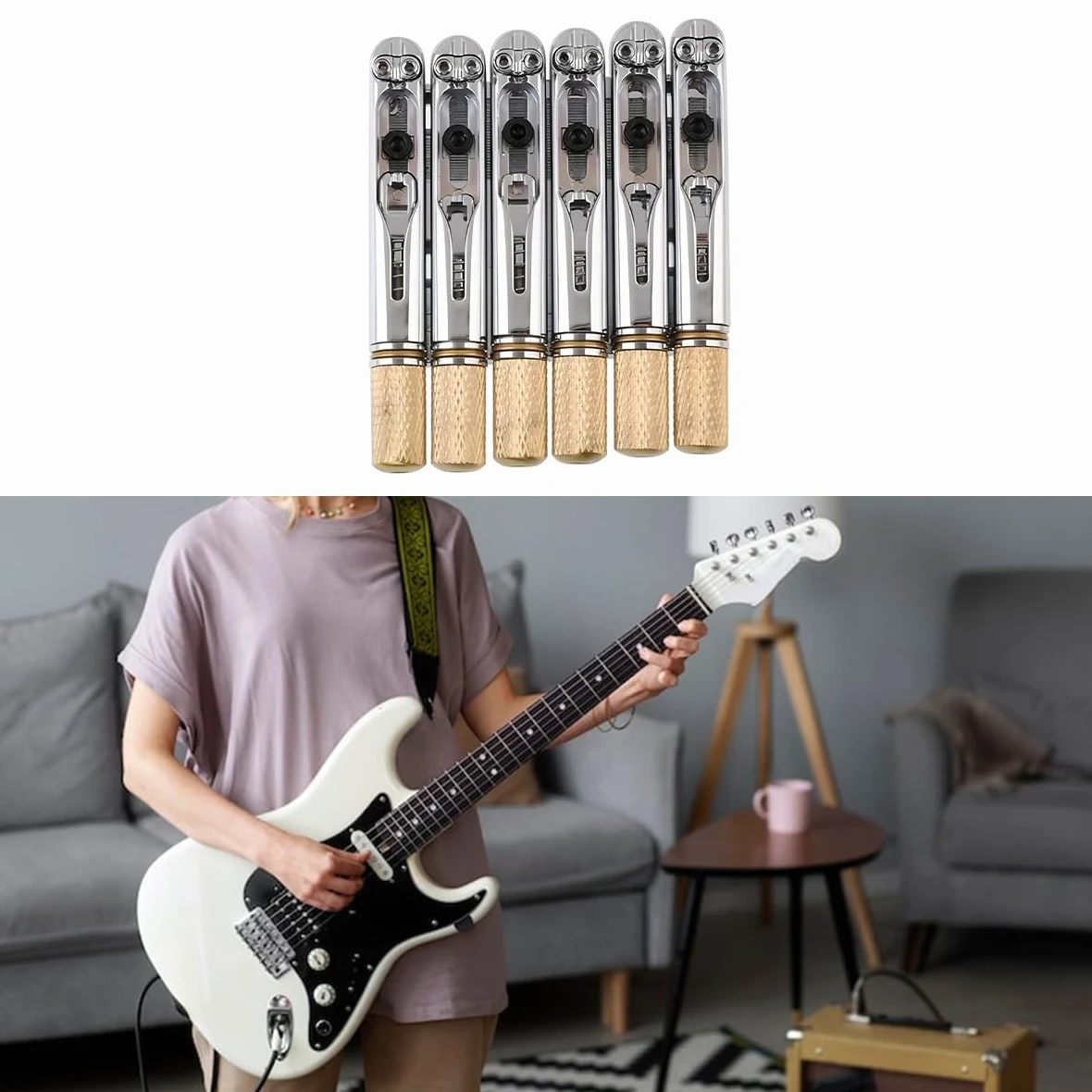 Grobo Cordiera Del Ponte Della Chitarra Elettrica Senza Testa a 6 Corde Da 10,5 Mm, Dispositivo Di Blocco Della Corda Fissa Per Chitarra, Argenteo