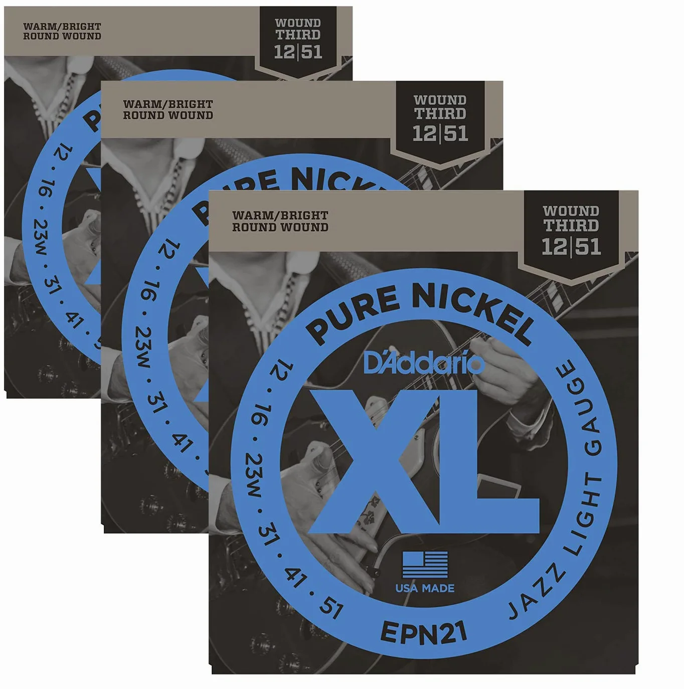 3 set di corde D' Addario EPN21 Pure nickel Jazz Light per chitarra elettrica