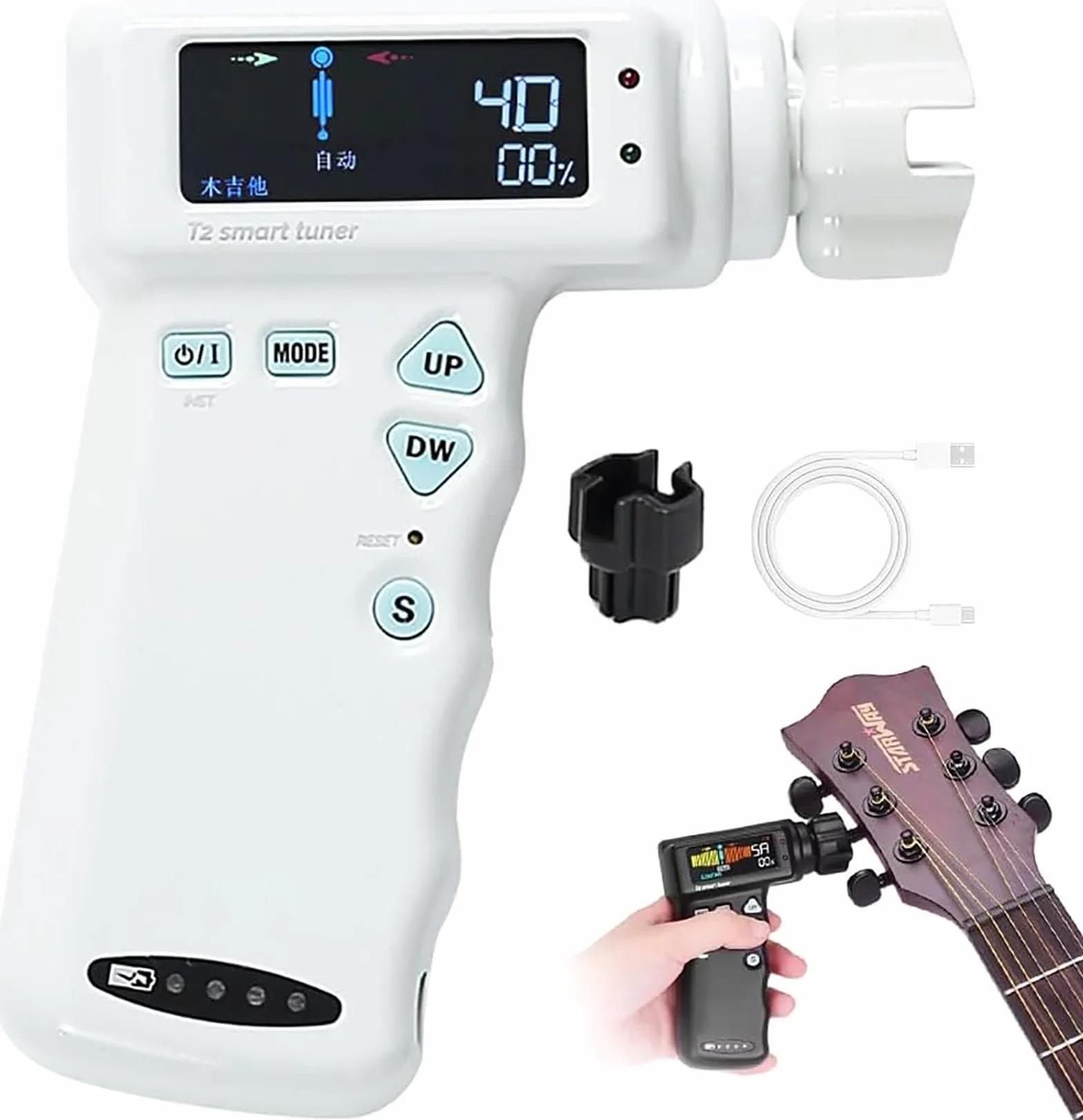 McbeAn Accordatore per Chitarra, Accordatore per Chitarra Elettrica Professionale con Display LCD a Colori, Riconoscimento Intelligente, Rotazione Automatica, Batteria al Litio Integrata da 2600 mAh
