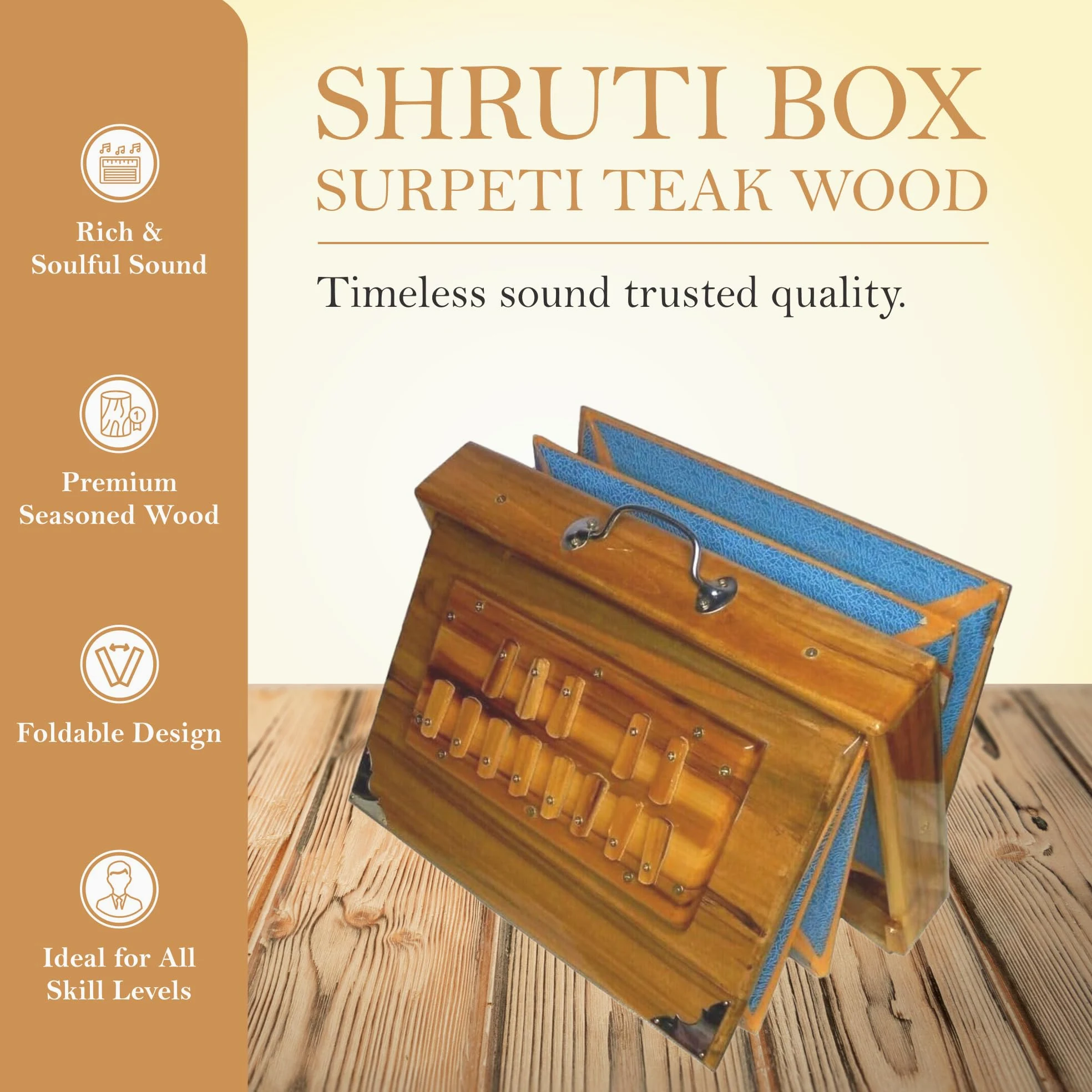 SHRUTI SCATOLA SURPETI LEGNO TEAK 432Hz 13 NOTE DIMENSIONI 38,1 x 25,4 x 7,6 cm BHAJAN KIRTAN
