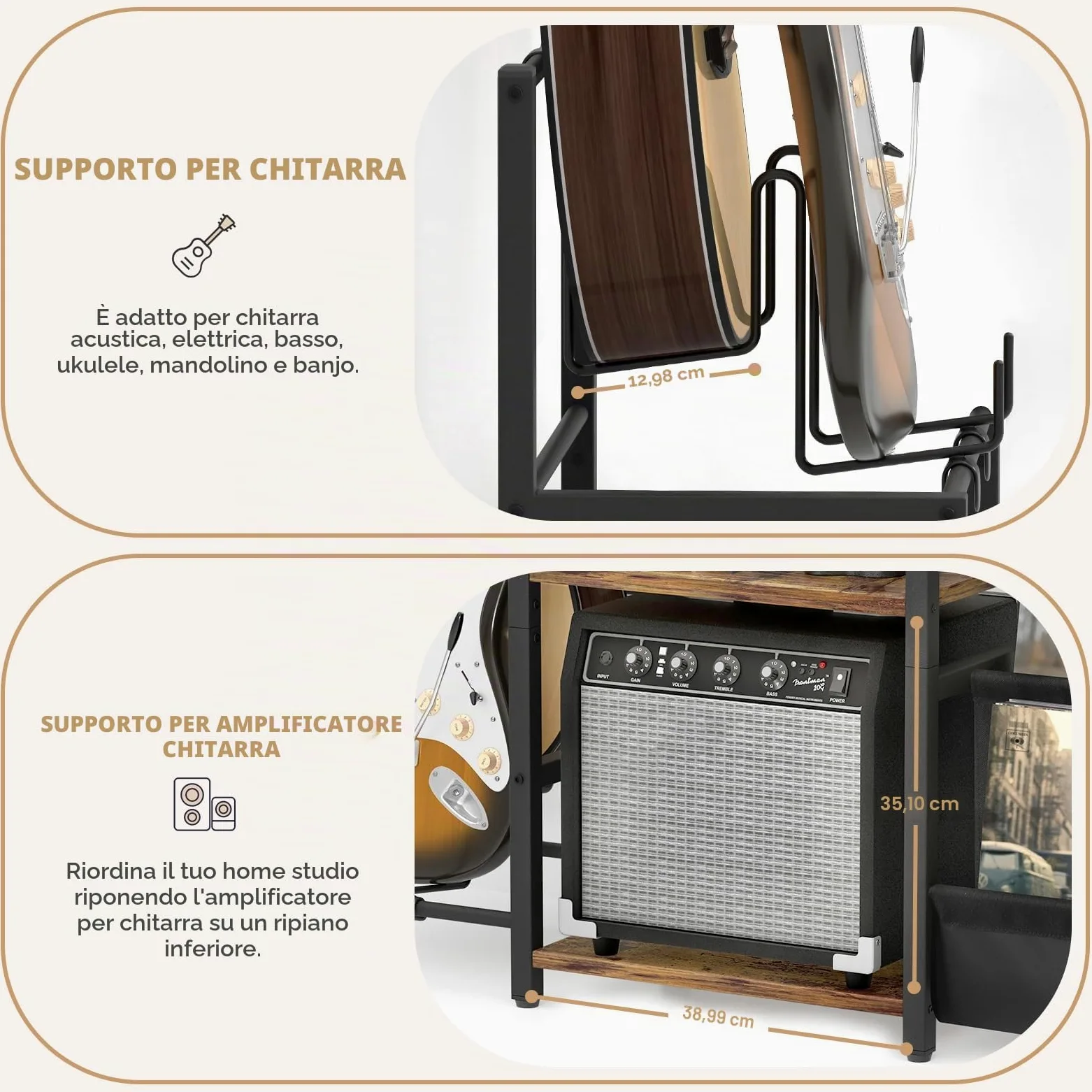 Bikoney Supporto Giradischi Vinili, Supporto Chitarra per Acustica, Elettrica e Basso con Supporto Amplificatore, Supporto Giradischi a 3 Livelli Fino a 200 Album, Tavolo Giradischi per Altoparlante