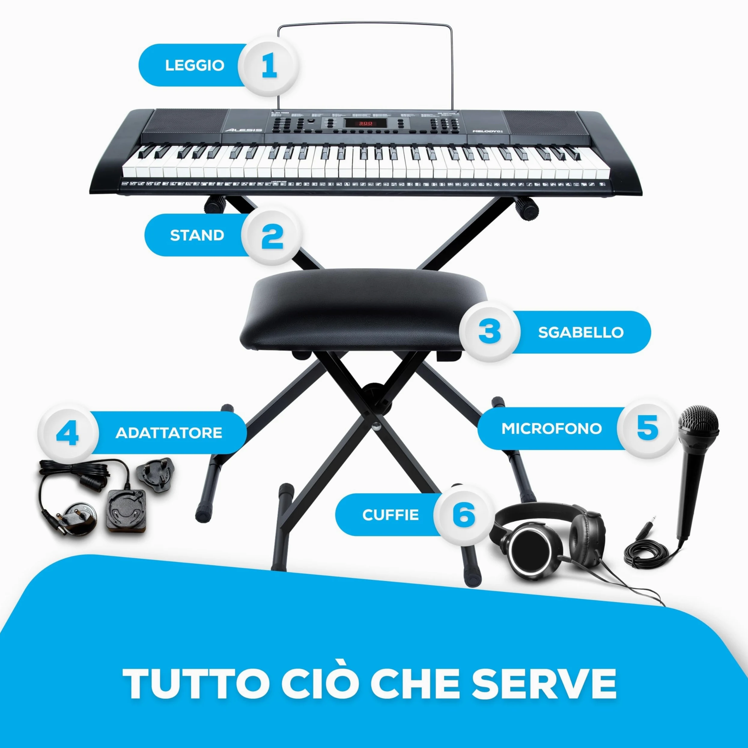 Alesis Melody 61 - Pianola Tastiera per Principianti con Diffusori, Supporto, Sgabello, Cuffie, Microfono, Leggio, 300 Suoni, Lezioni Musicali
