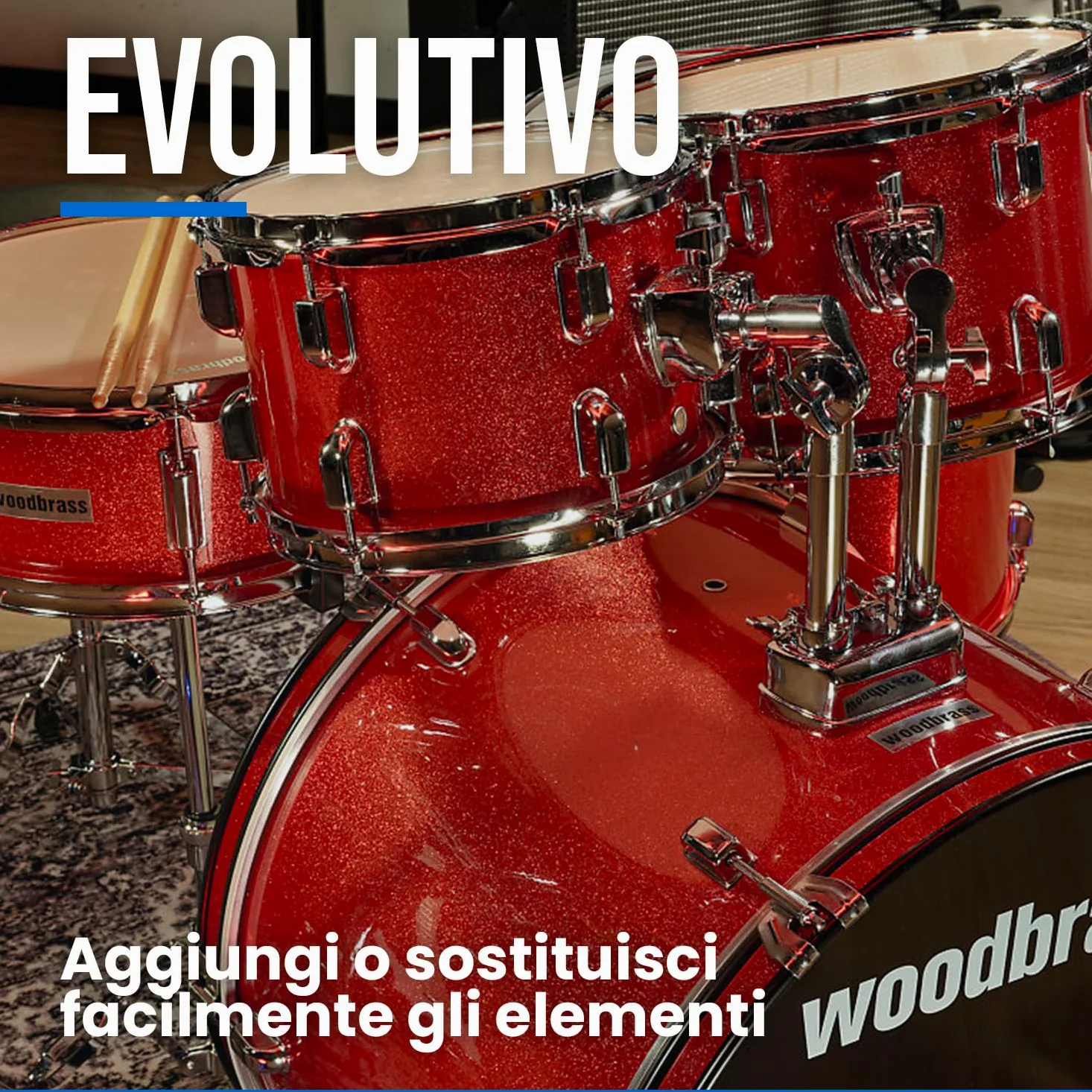 Woodbrass AD100 - Batteria nera lucida, ideale per principianti, pronta all'uso, accessori inclusi - Kit batteria acustica completa fusti di pioppo