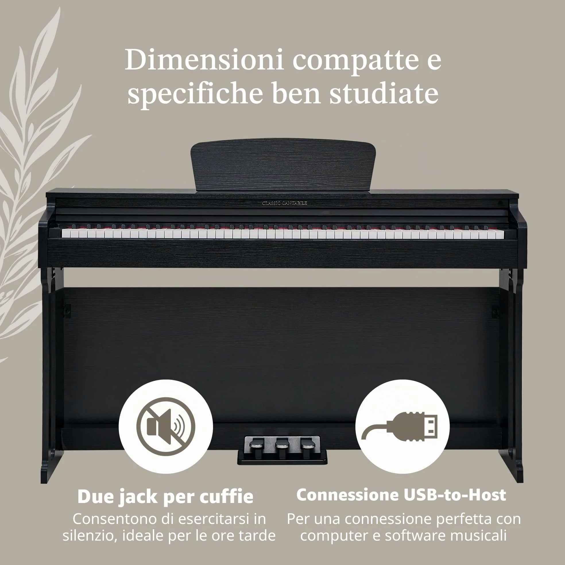 Classic Cantabile DP-220 SM E-Piano Nero Opaco, Polifonia a 64 voci | 88 tasti pesati con meccanica a martello, Dinamica di tocco regolabile su 5 livelli, 10 demo-song interni, 20 suoni, Soft