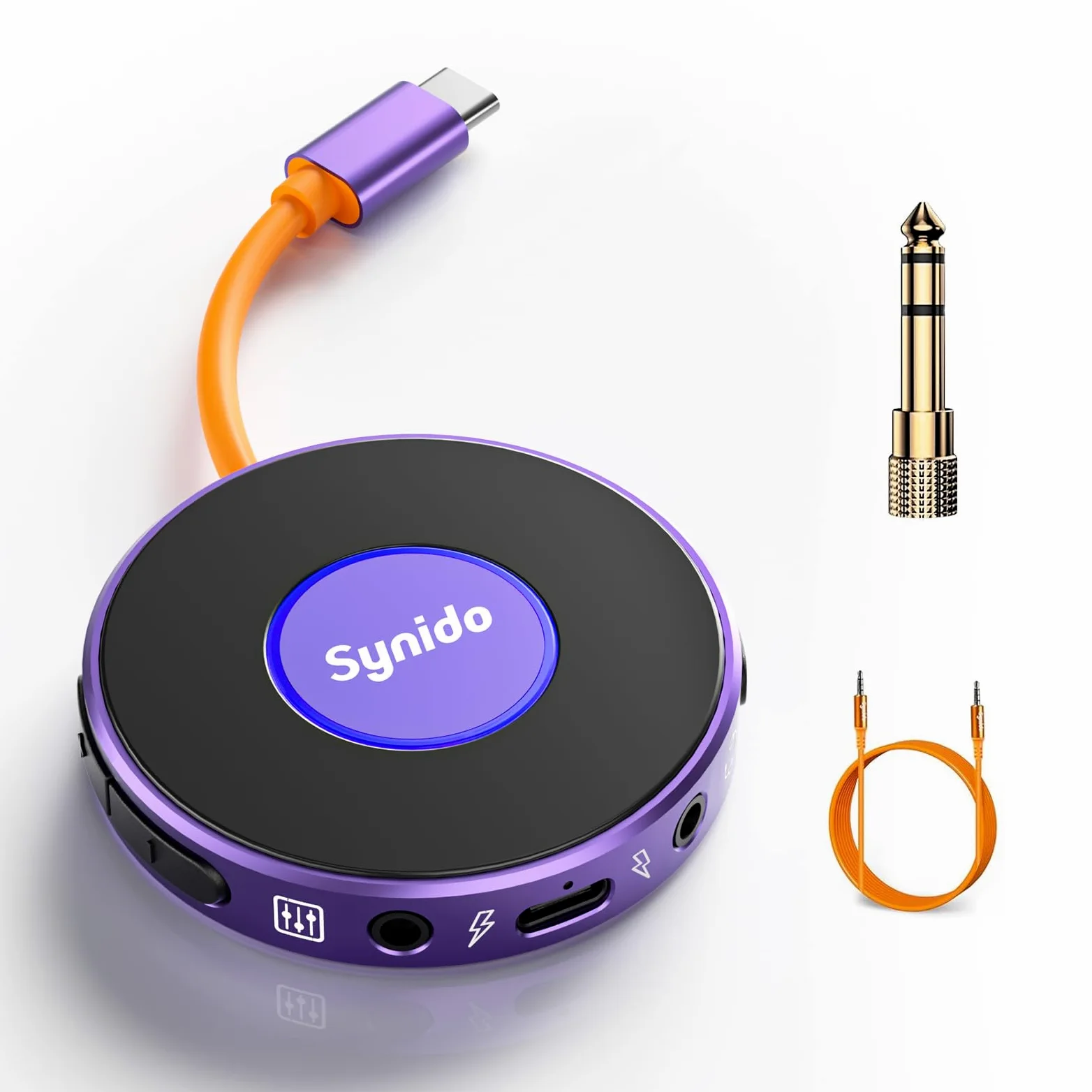 Synido Interfaccia audio portatile per chitarra con USB-C a 24 bit, mini interfaccia 48 kHz per uscita audio DJ, registrazione di musica e streaming live con ingresso strumento e monitoraggio cuffie