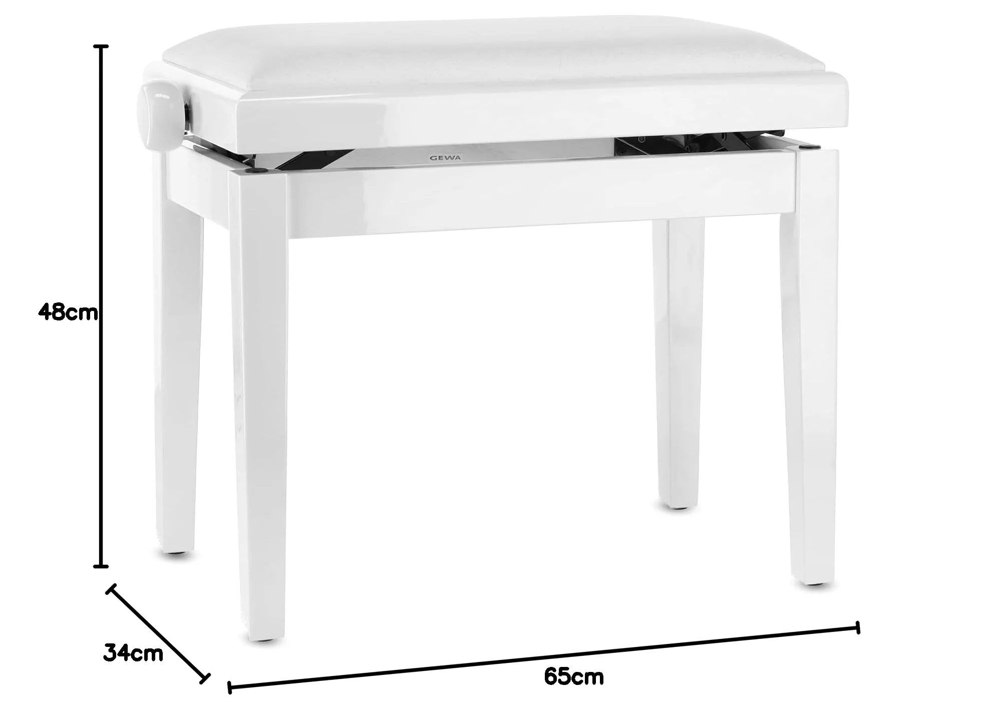 GEWA panca per pianoforte deluxe in vinile - bianco lucido - legno massiccio - coprisedile in vinile - seduta 52x30cm - regolabile in altezza - fissaggio ad alta resistenza - carico di rottura 2t