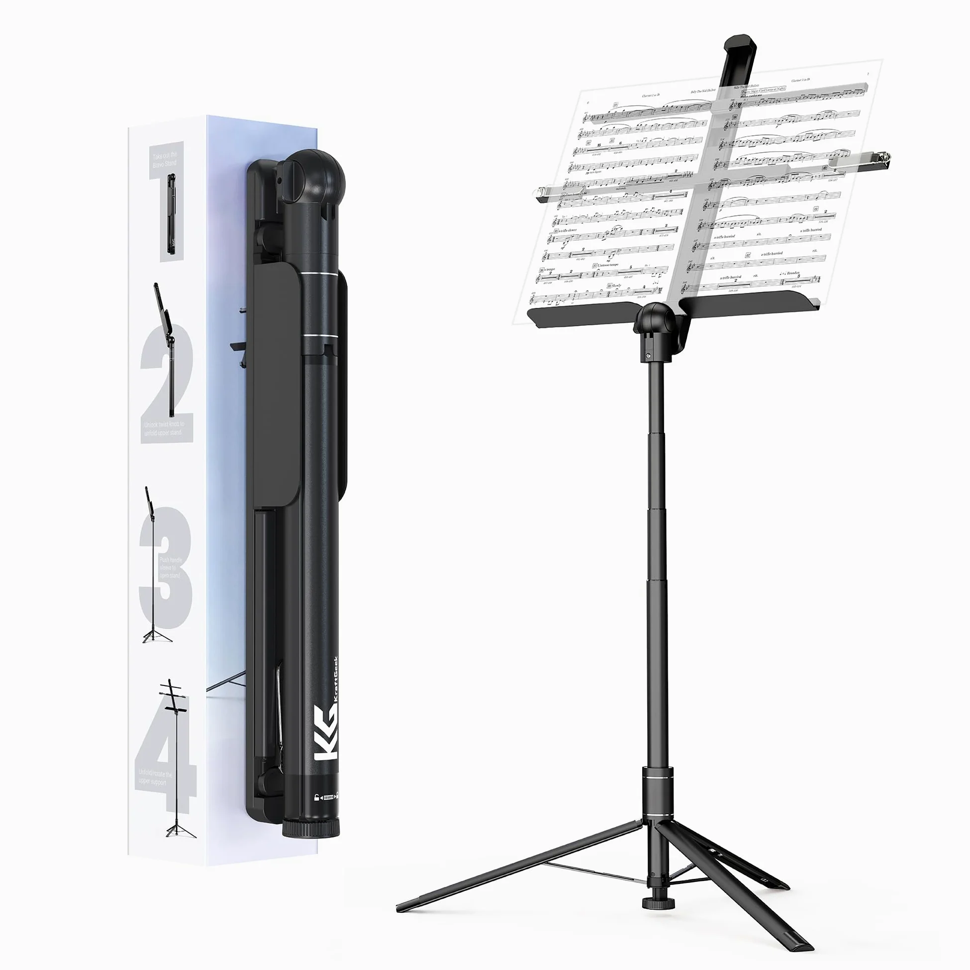 KraftGeek Leggio portatile pieghevole, altezza regolabile fino a 167,6 cm, vassoio musicale regolabile con clip porta pagina, nessun montaggio richiesto, leggio compatto per musicisti e musicisti