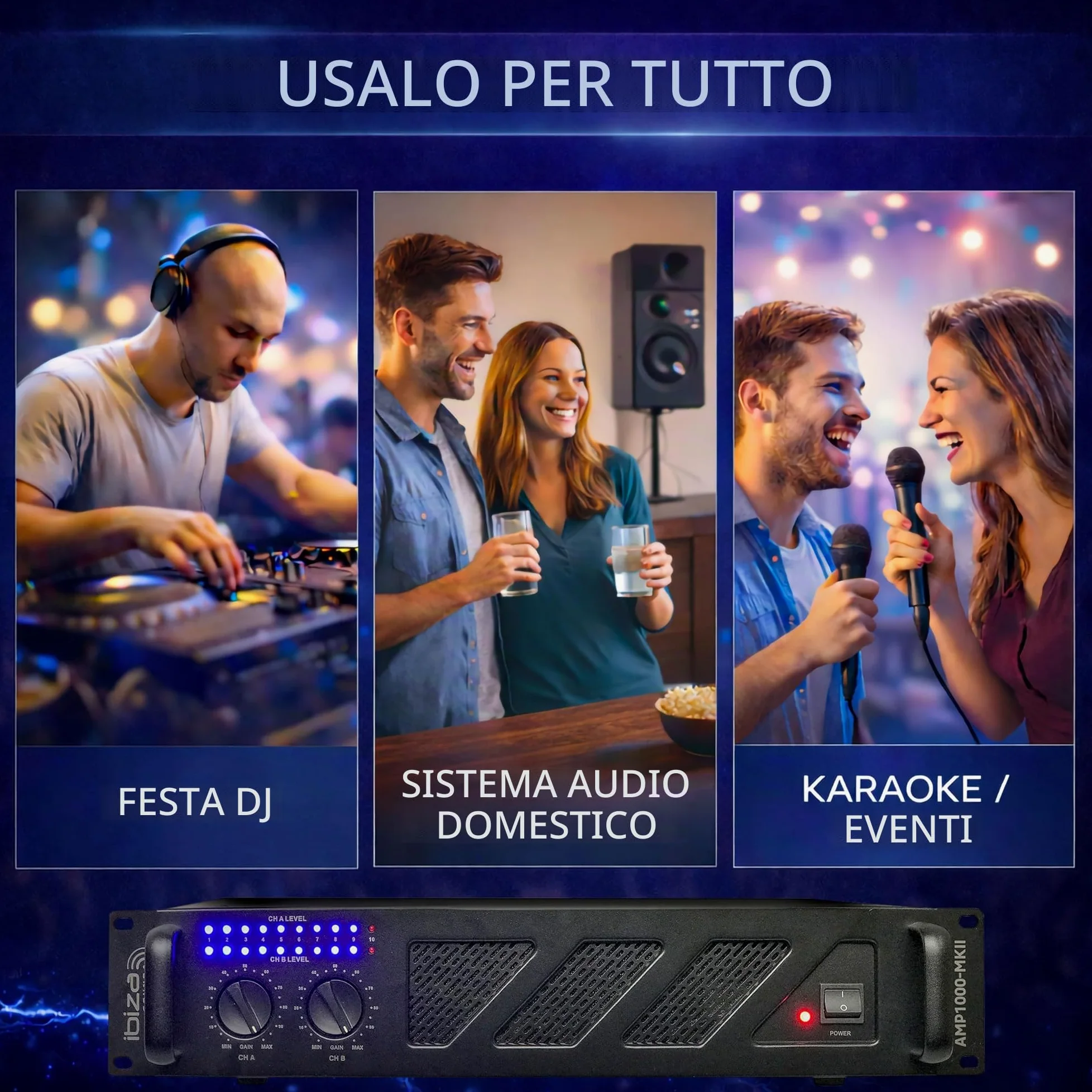 Ibiza AMP1000-MKII Amplificatore PA professionale 2x800 W – Amplificatore di potenza stereo da 19” montabile su rack con ingressi RCA/Jack, uscite Speakon/morsettiera e protezioni elettroniche