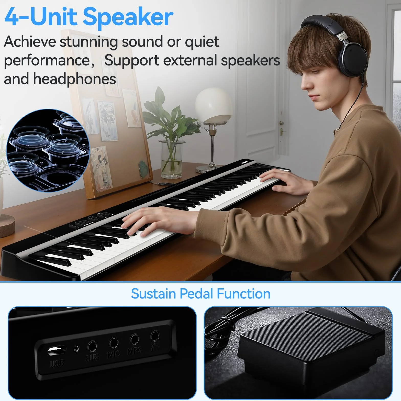 Pianoforte digitale portatile con supporto a Z TERENCE, tastiera per pianoforte semi-pesata a 88 tasti per principianti ed esperti funzione di registrazione audio integrata interfaccia MIDI Bluetooth