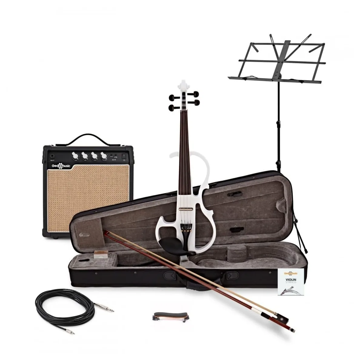 Violino Elettrico 4/4 con Amplificatore e Accessori, Bianco | Pickup attivo per connessione ampli/FX, pickup sotto ponte con controllo tono, leggio e spallaccio inclusi