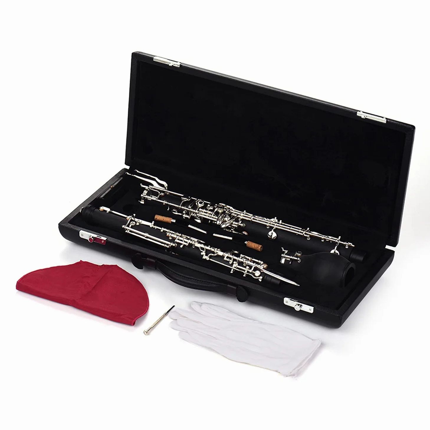 Strumento oboe Corno inglese professionale Alto Oboe Chiave F Corpo in legno sintetico Tasti placcati in argento Strumento a fiato con guanti ad ancia Custodia in tessuto per pulizia Mini caccia