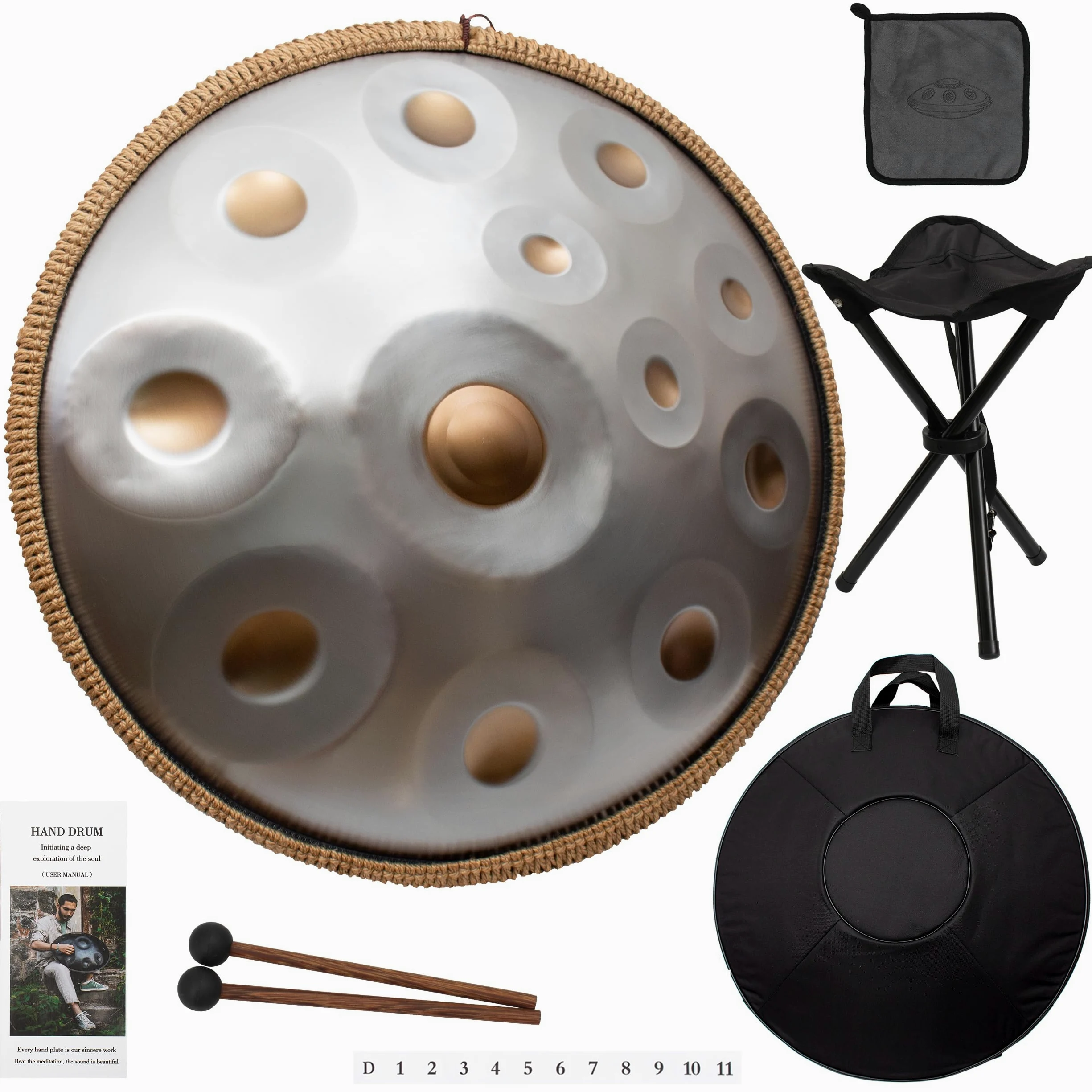 Handpan 440 HZ Avanzato, Hand Pan 12 Note 22 Pollici, Tamburo-Acciaio in D Minore, Tamburo a Mano con Borsa per Trasporto e Supporto, Steel Drum per Sound Healing, Meditazione, Argento