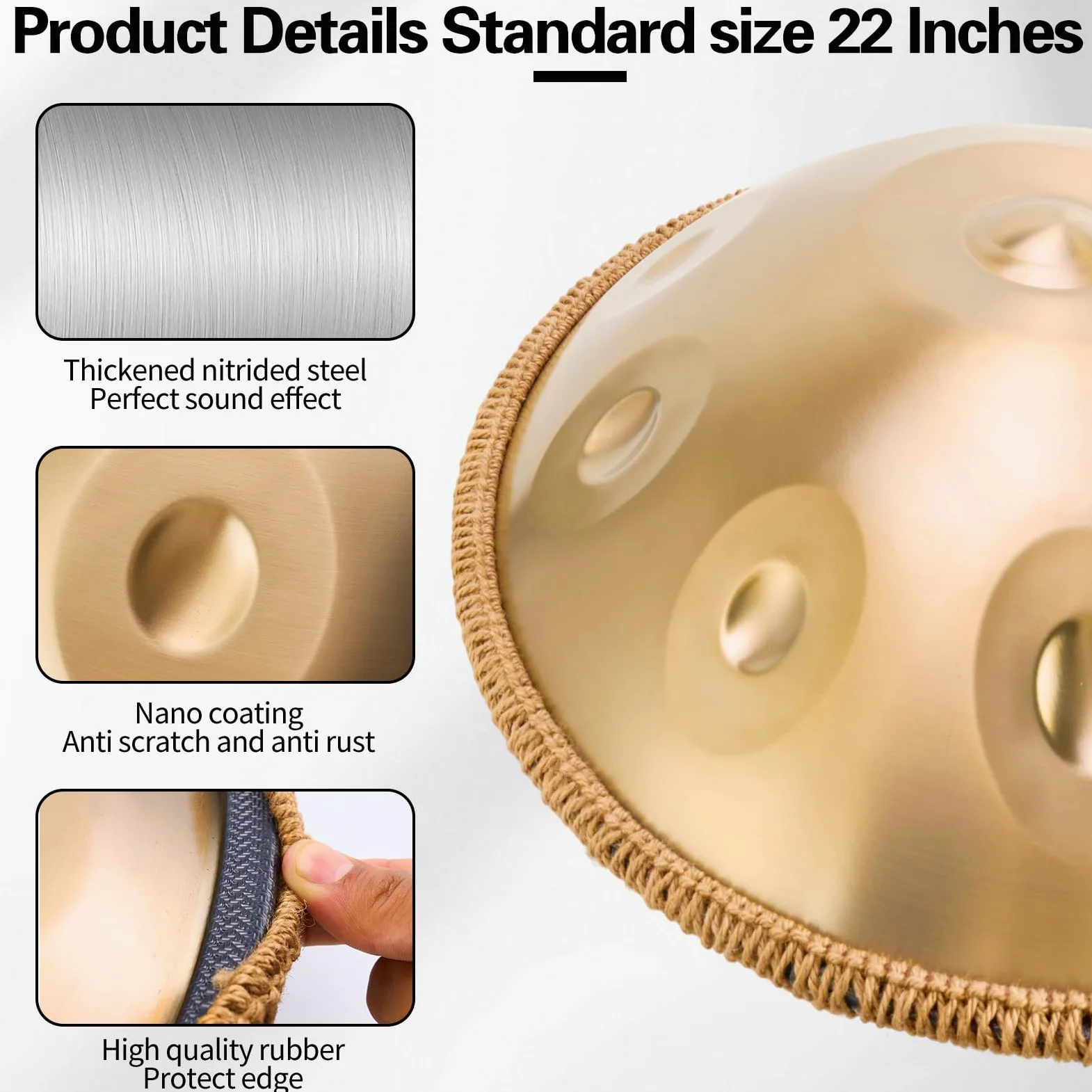 Handpan Instrument 432 Hz, 9 toni, 22 pollici, Handpan in d-Moll, tamburo per lingua con custodia, bacchetta, supporto, per principianti, professionisti, musicoterapia (oro, 9 toni 432 Hz)
