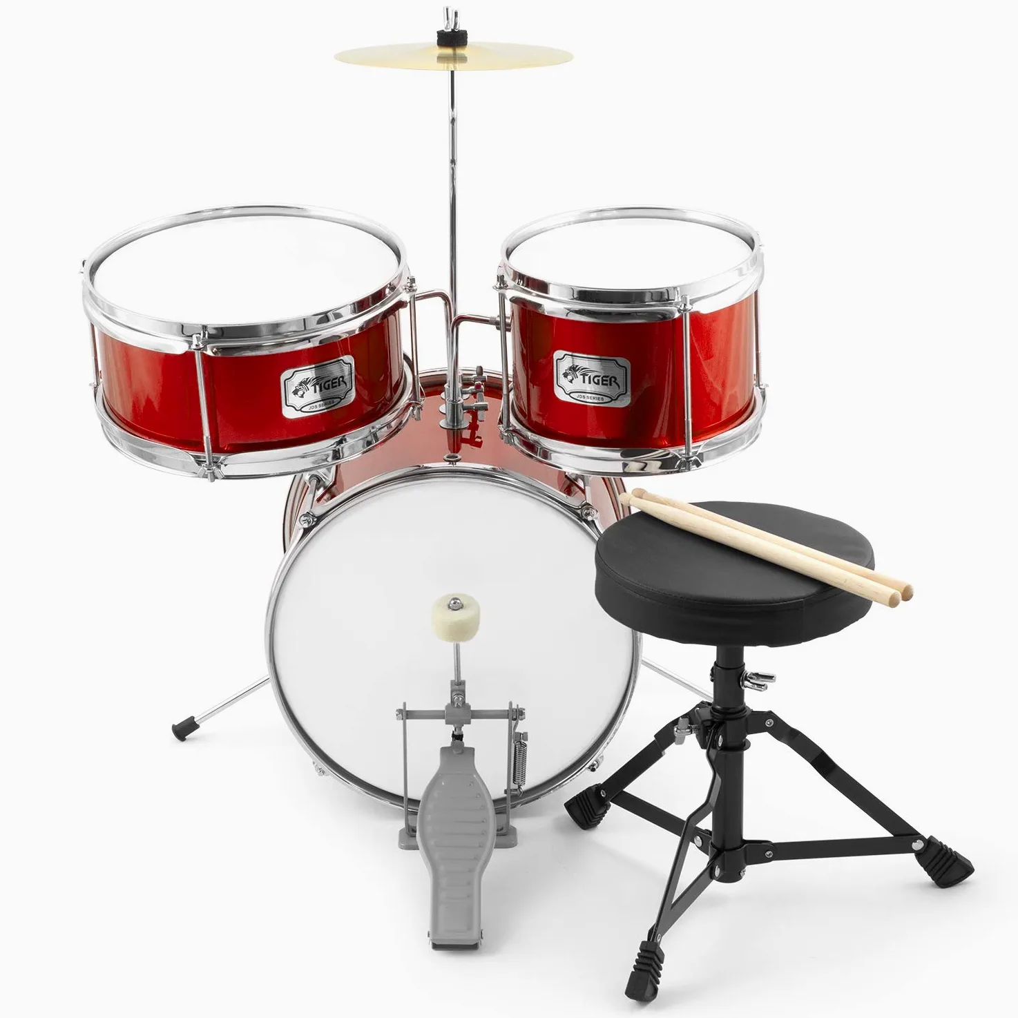 TIGER JDS7-RD Batteria per ragazzi 3 pezzi con rullante, tom, basso, pedale, piatti, bacchette e sgabello - colore rosso | con Rullante, Tom, Grancassa, Pedale Grancassa, Piatto, Trono e Bastoni, JDS7-RD
