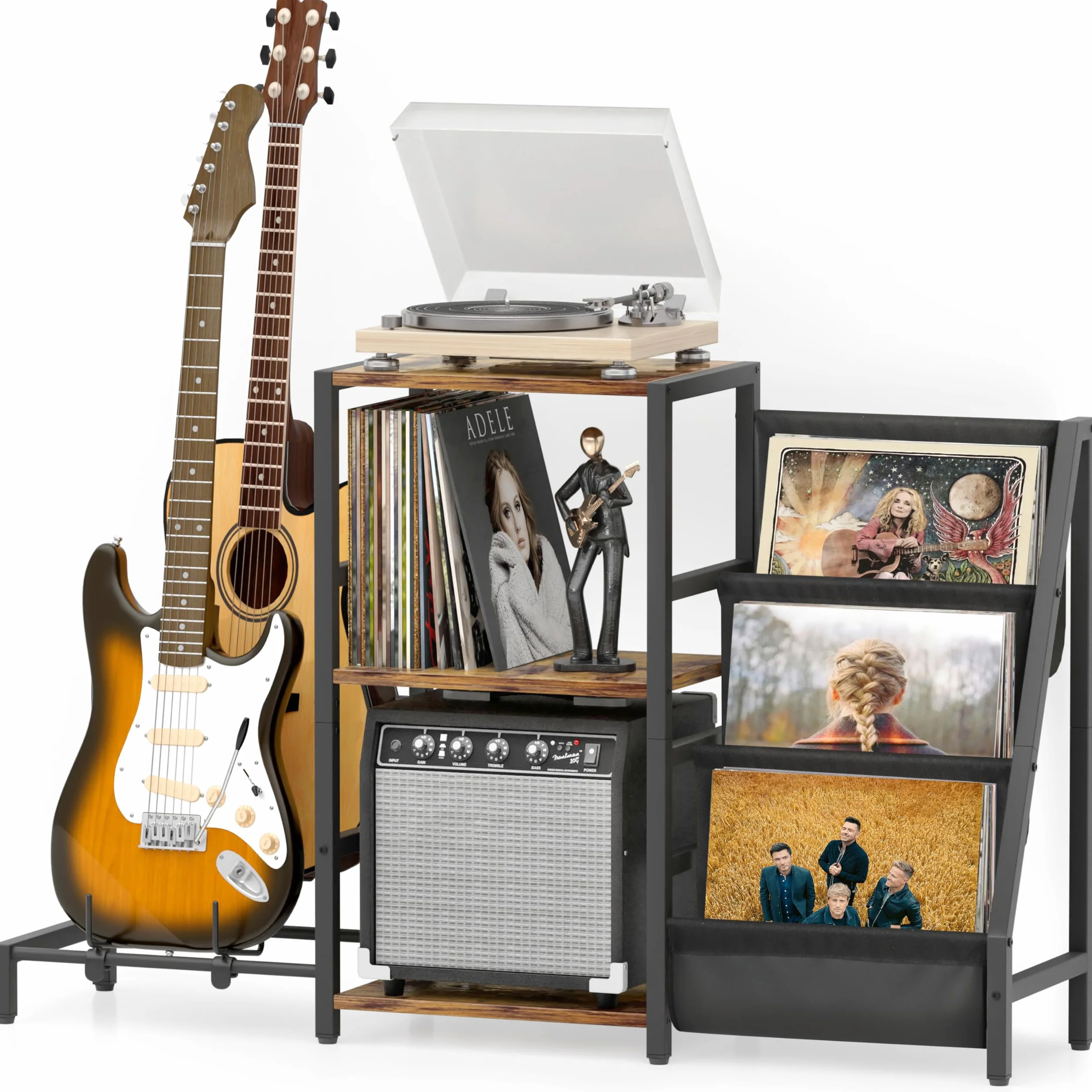 Bikoney Supporto Giradischi Vinili, Supporto Chitarra per Acustica, Elettrica e Basso con Supporto Amplificatore, Supporto Giradischi a 3 Livelli Fino a 200 Album, Tavolo Giradischi per Altoparlante