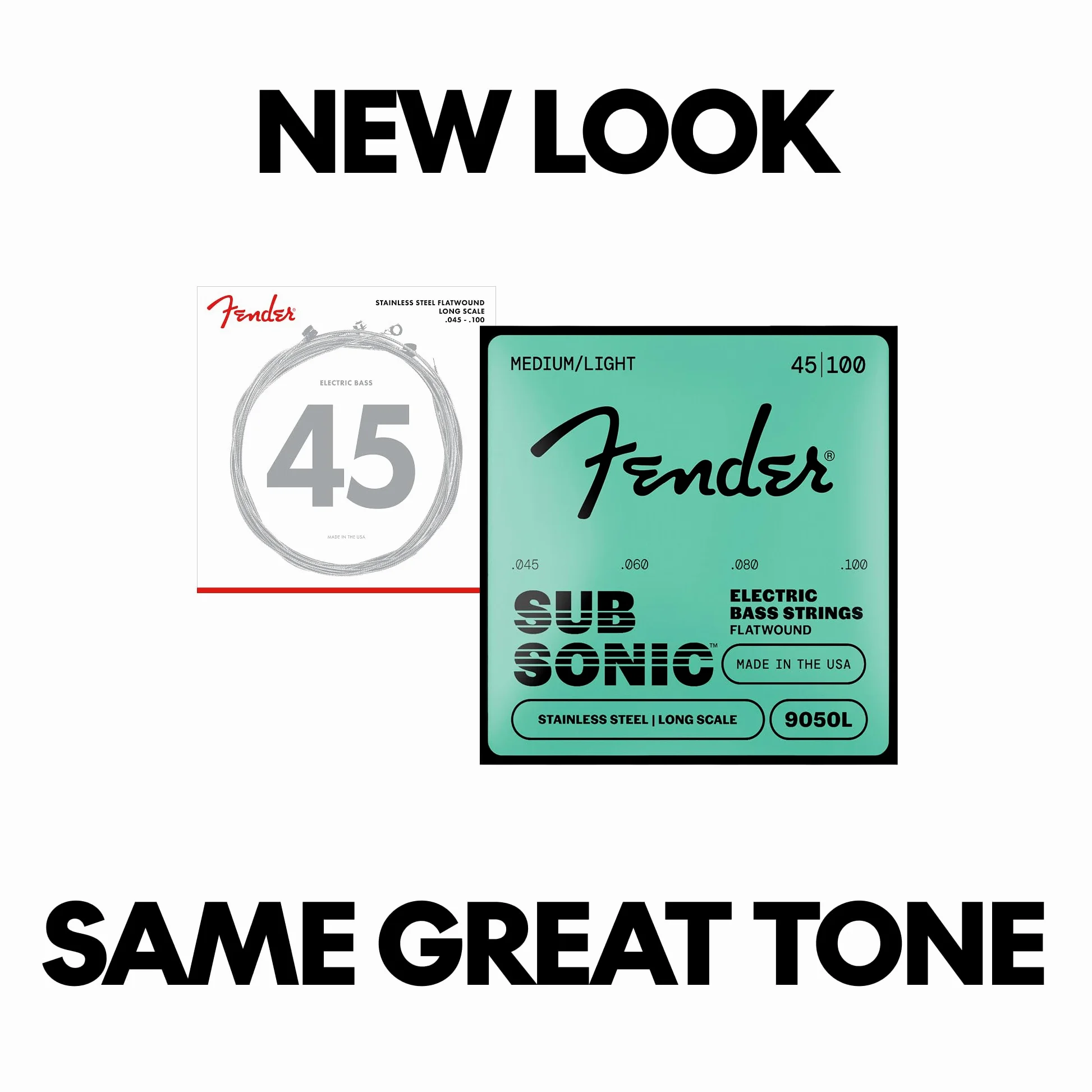 Fender Stainless 9050's Bass Strings, Stainless Steel Flatwound, 9050L .045-.100 Gauges, (4)