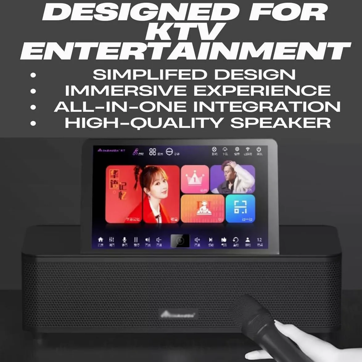 Sistema karaoke con touch screen, display da 14 pollici, due microfoni wireless, controllo vocale AI, lettore multimediale portatile, KTV desktop con memoria da 3 TB