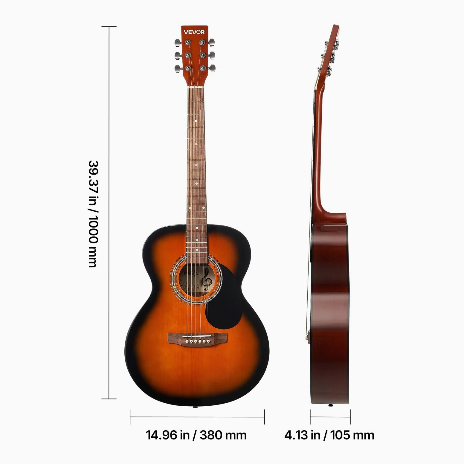 VEVOR Chitarra Acustica Dreadnought da 1016 mm Chitarra Acustica a 6 Corde con Tavola Armonica Solida Sunburst, Custodia Morbida, Accordatore, Tracolla, Corde in Acciaio, Plettri, Capotasto Mobile