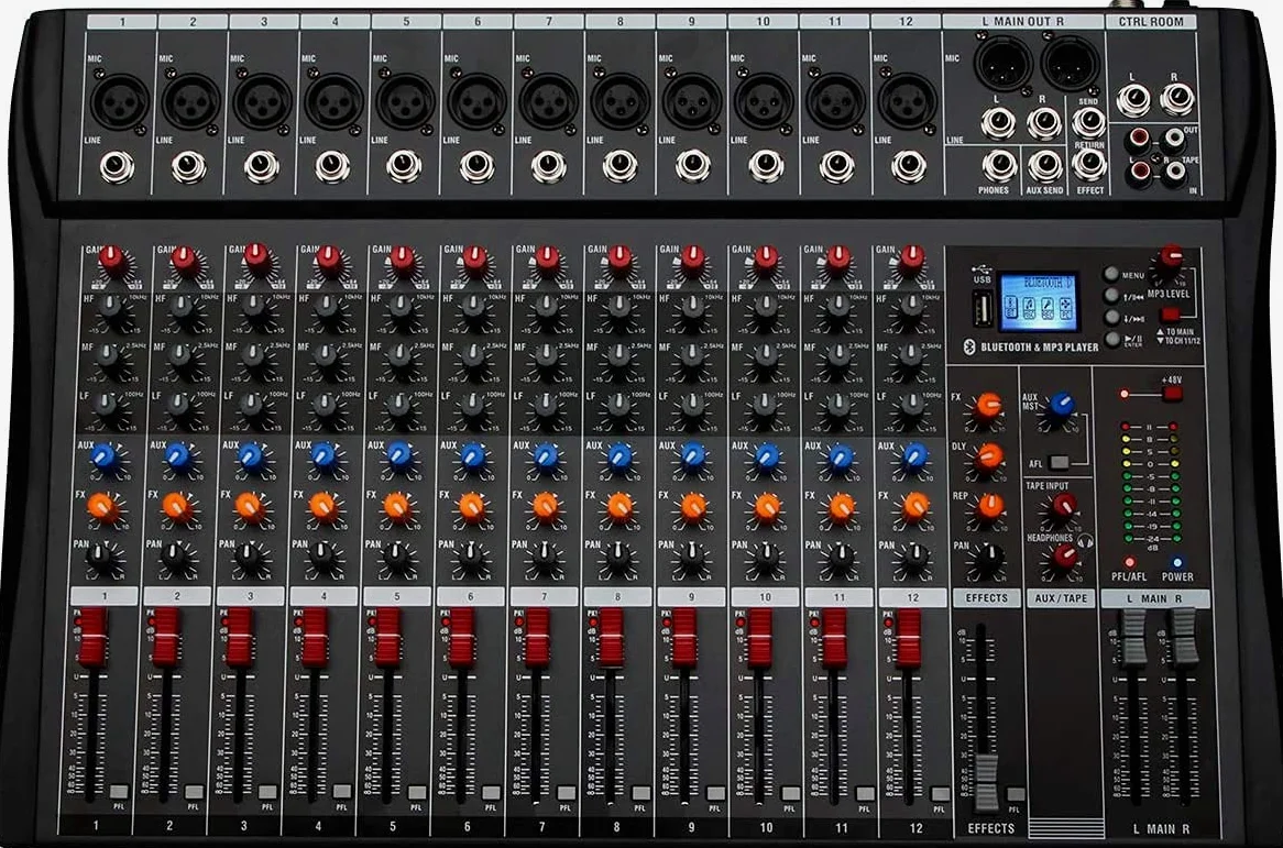 Depusheng DA12 Interfaccia controller audio DJ con unità USB per registrazione su computer Mixer audio da studio a 12 canali Jack microfono XLR alimentazione 48V ingresso/uscita RCA