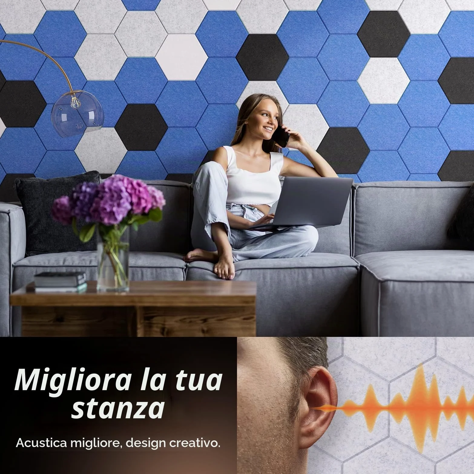 TONOR 36 Pezzi Pannelli Fonoassorbenti Adesivi, 30 X 26 X 1cm Pannelli Acustici Ad Alta Densità, Pannello Fonoassorbente Esagonale, Insonorizzazione Stanza Per Studio, Camera Da Letto, Grigio Chiaro