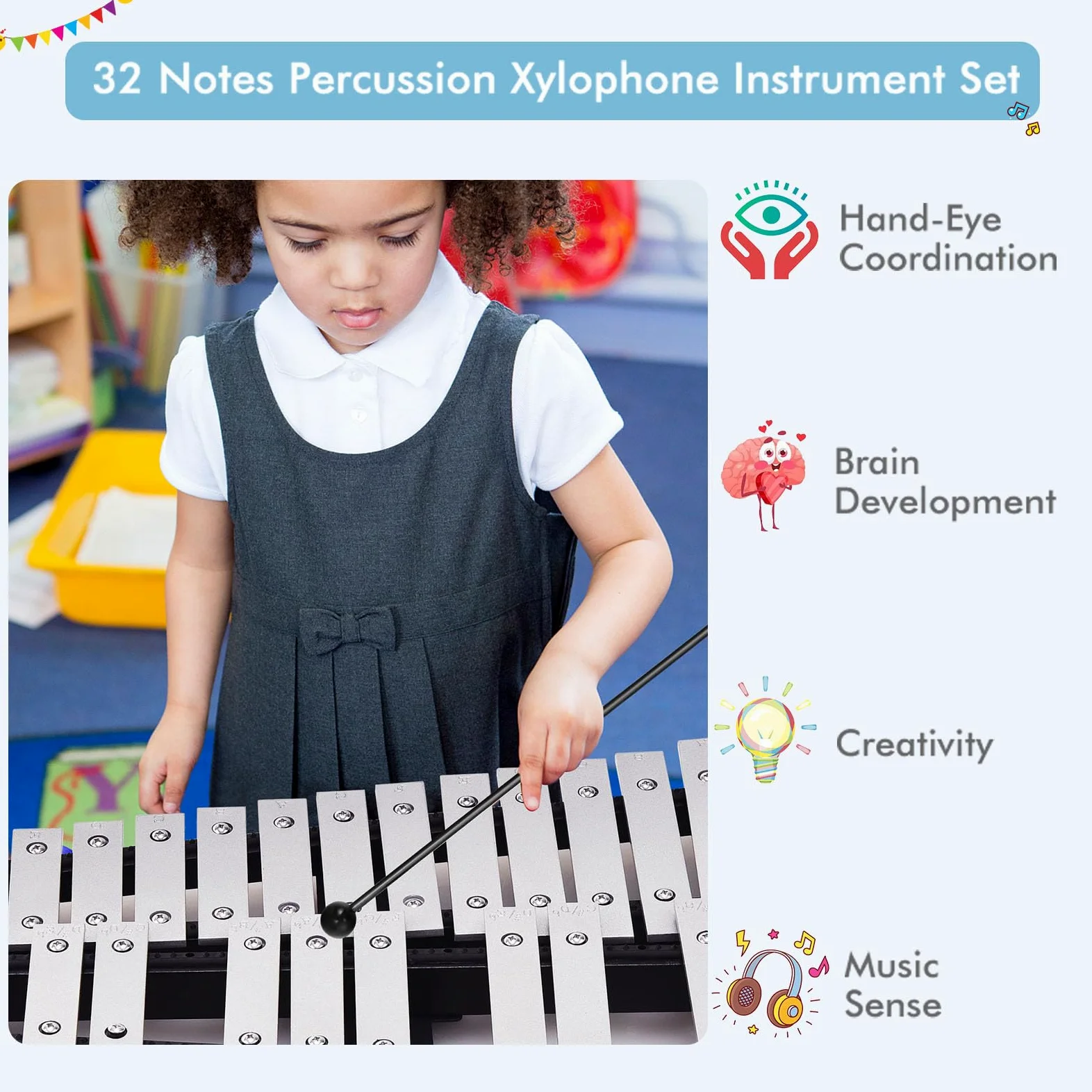 KOMFOTTEU Set con supporto regolabile in altezza, 32 note xilofono con 1 paio di bacchette e bacchette per batteria e 1 tamburo per esercizi a 8 angoli, per bambini, adulti