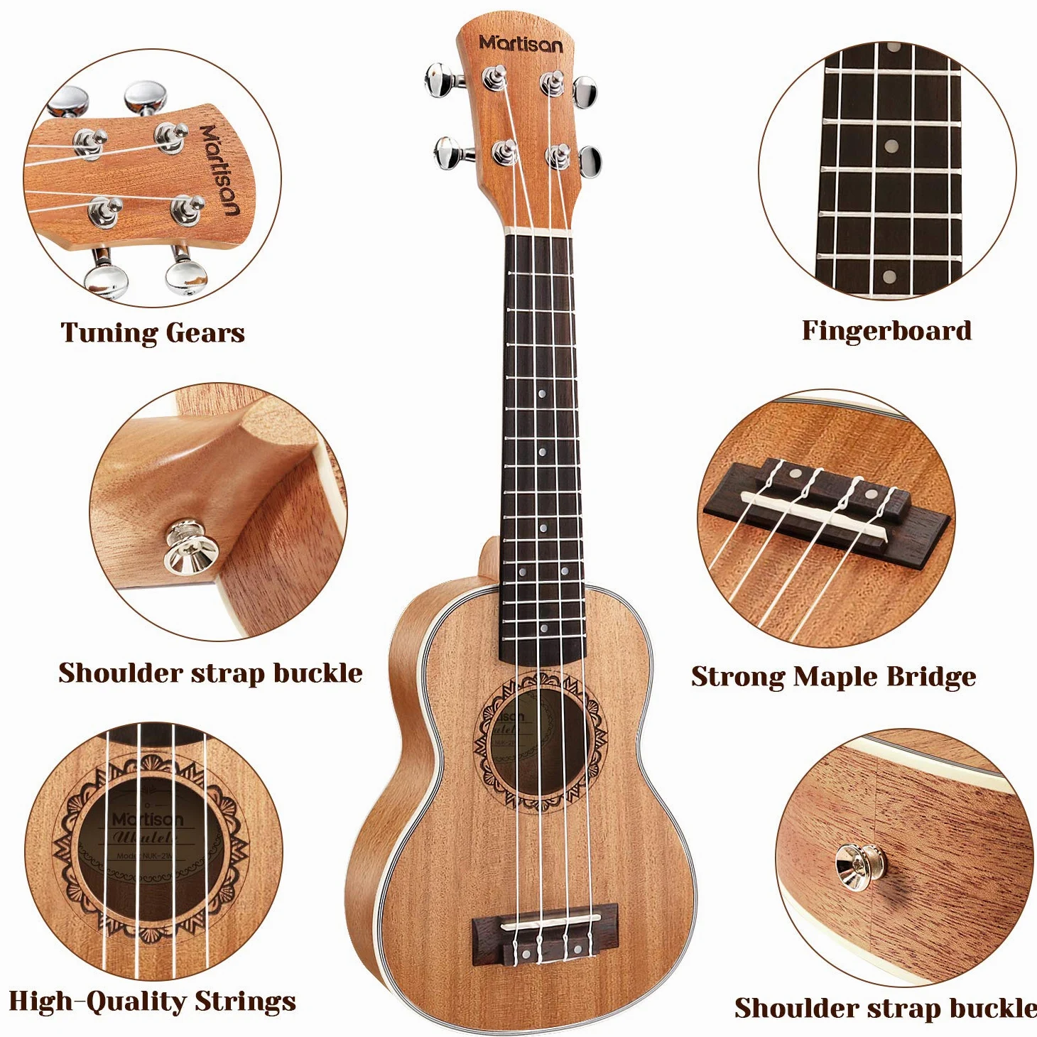 MARTISAN Ukulele Soprano con corde Aquila originali in nylon, Ukulele da 21 pollici per Principianti con Borsa, Accordatore, Corde Aggiuntive, Cinturino, Plettri