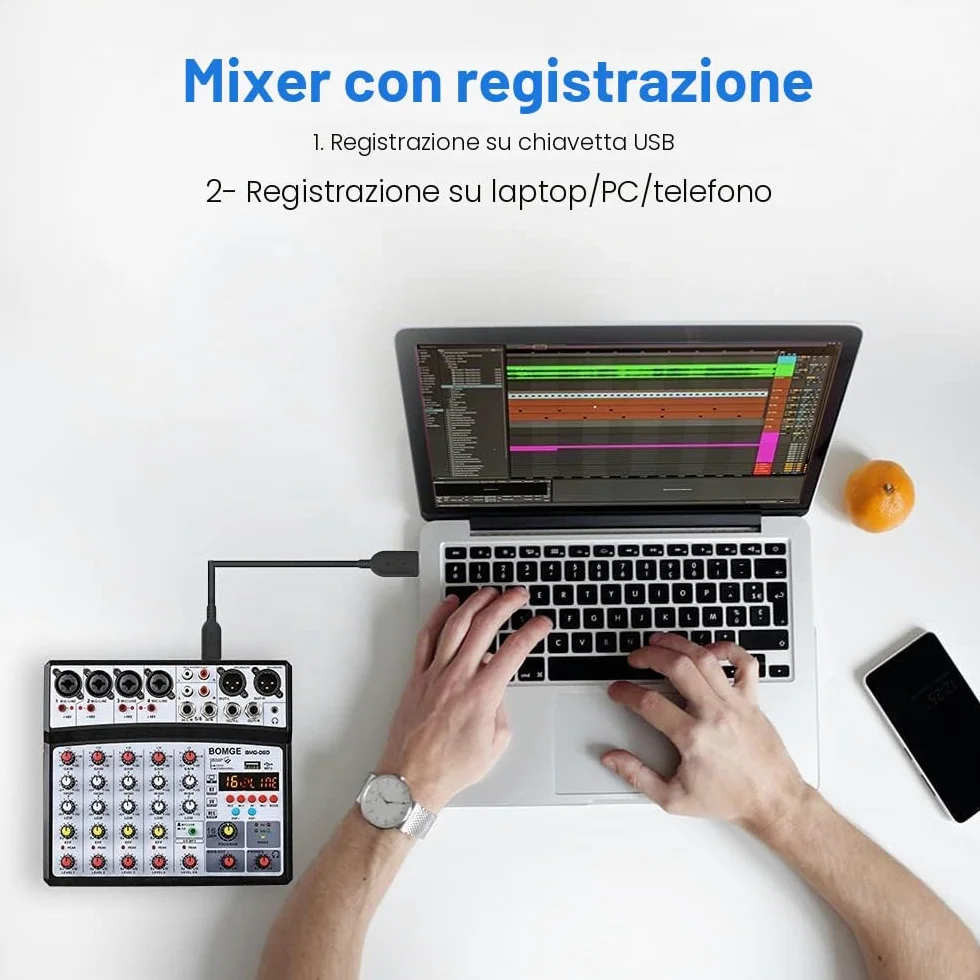 BOMGE Professionale 6 Canali 99DSP DJ Audio Sound Mixer Interfaccia Console di Mixaggio Desktop Karaoke con Ingresso MP3, USB, Ingresso Bluetooth, Registrazione Stereo, Alimentazione Phantom 48V