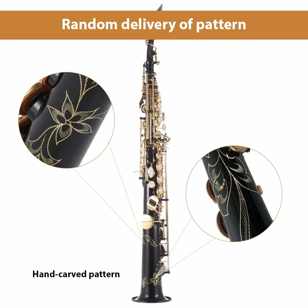 HUIOP Ottone Dritto Sax Soprano Sassofono Sib B Strumento a fiato Piatto Conchiglia Naturale Modello Intagliato con Custodia Guanti Panno per la Pulizia Cinghie Asta per la Pulizia