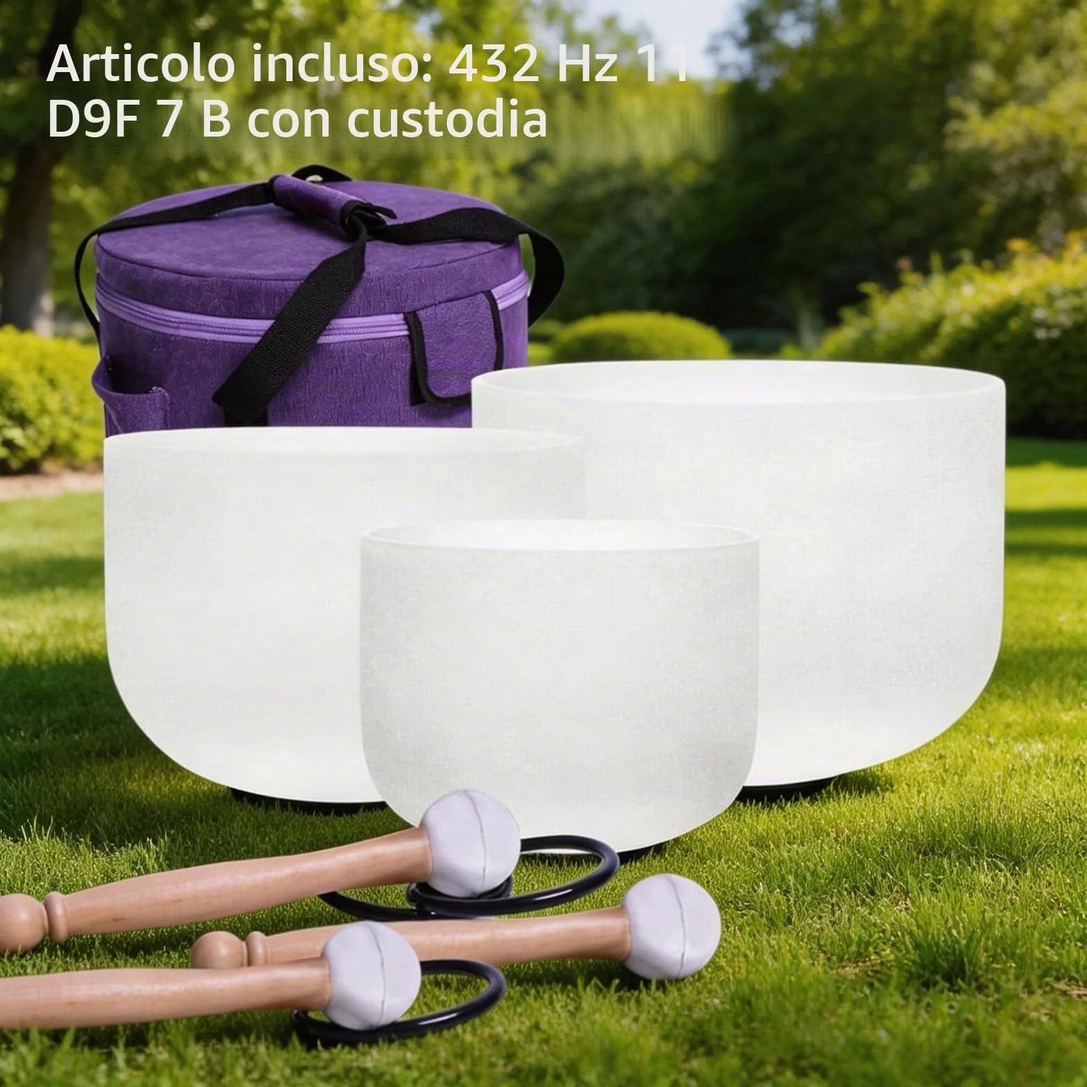 Energysoun - Set di 3 campane tibetane in cristallo di quarzo satinato, 432 Hz, 28 cm, F, 17,8 cm, B, con custodia in tela