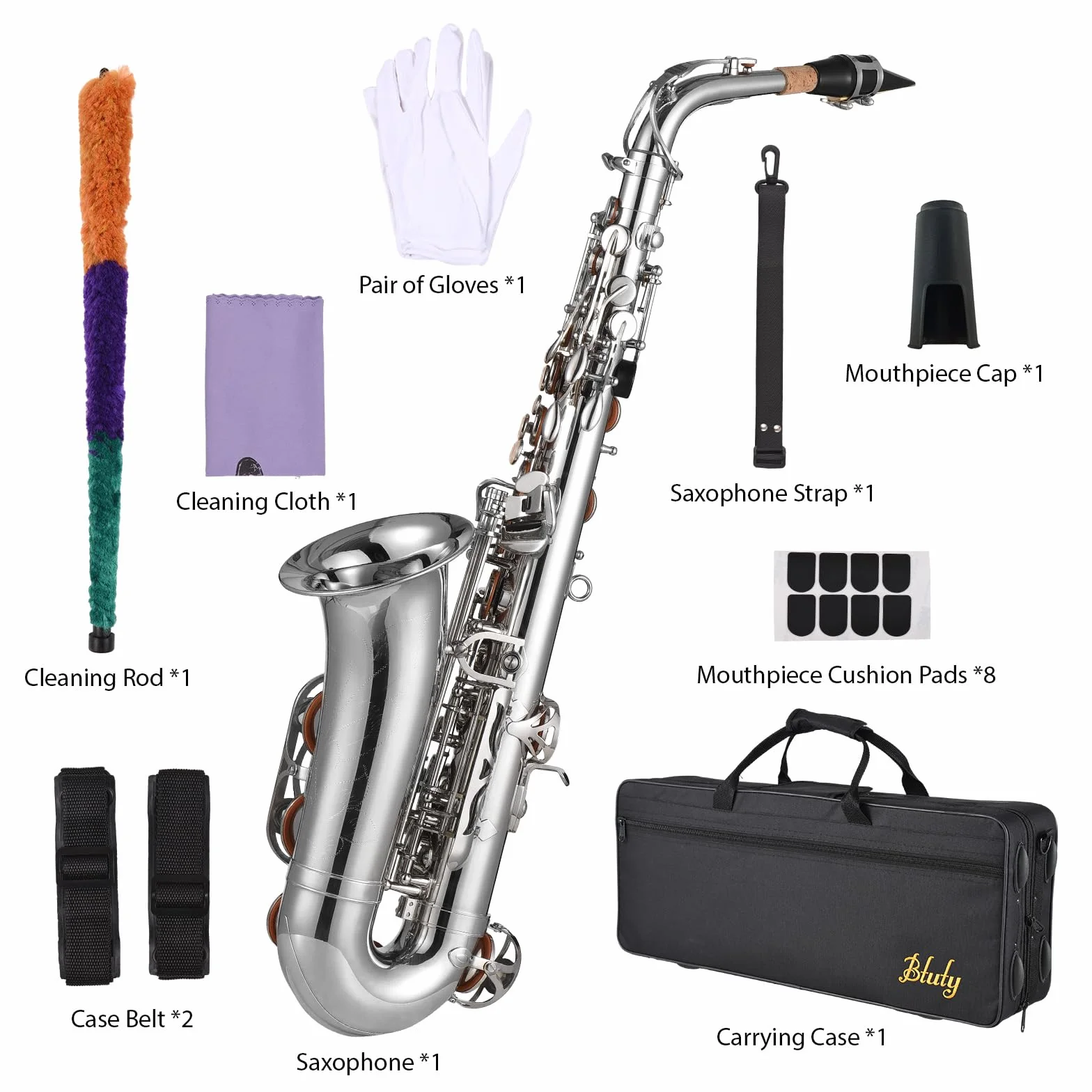 Btuty Eb Sassofono Alto Ottone E Flat Sax 802 Tipo Chiave Strumento a Vento in Legno Zeppe chiavi sax Sax Key Props per Alto con Barra di Pulizia Guanti in Tessuto Cinghia Imbottita