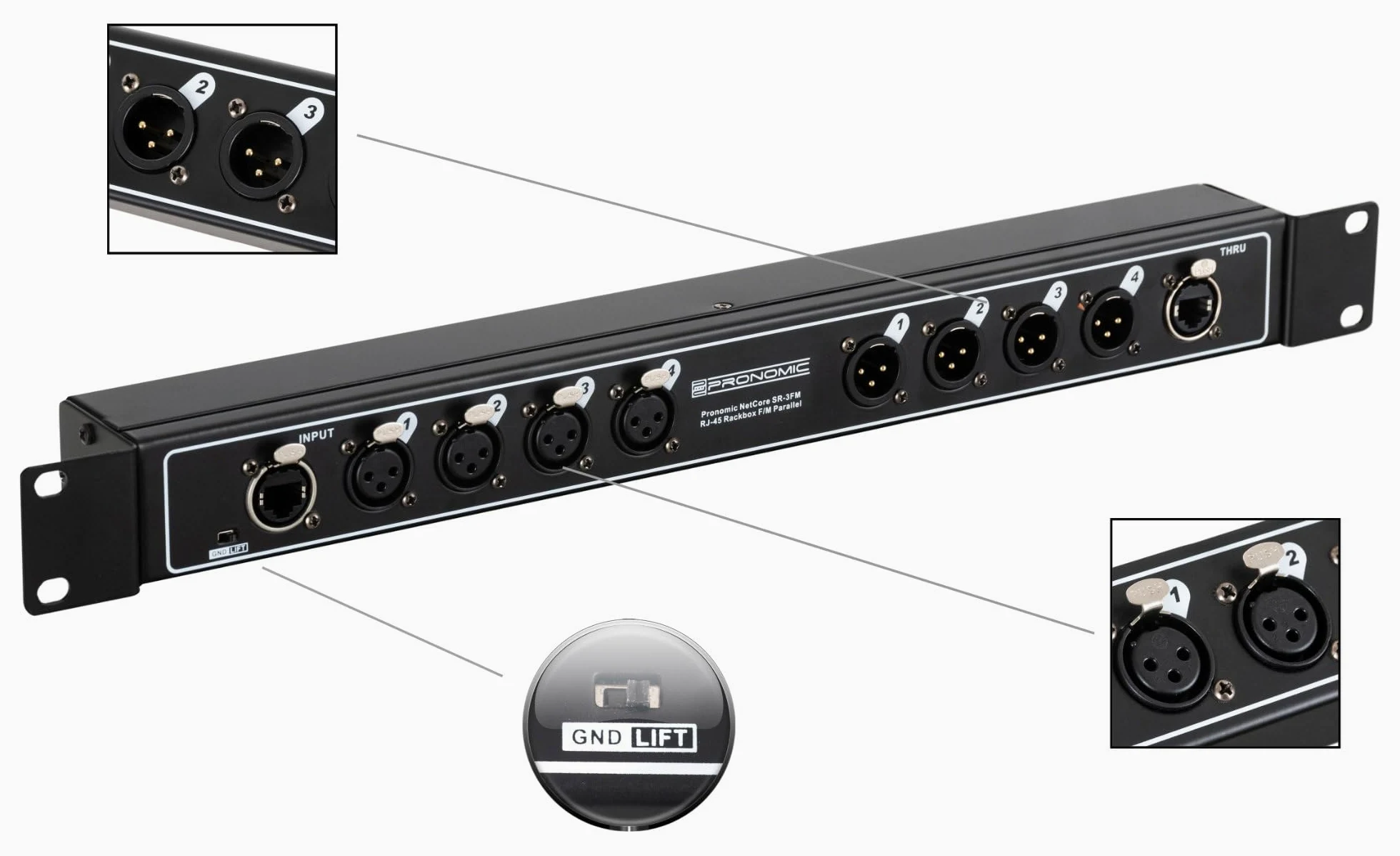 Pronomic NetCore SR-3FM Multicore-Rackbox F/M Parallel - unità rack con 4 prese XLR (female), 4 prese XLR (male) e 2 prese RJ45 - per la trasmissione di segnali analogici o digitali