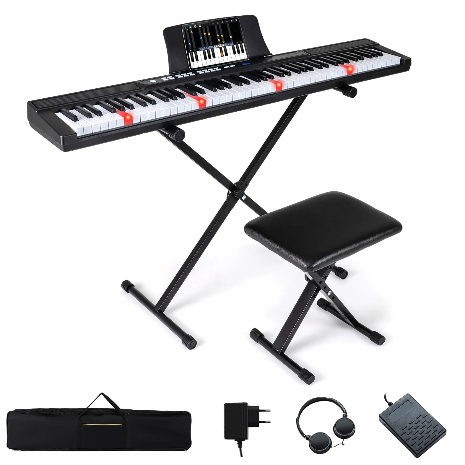 COSTWAY Tastiera Pianoforte Elettrico a 88 Tasti, Piano Digitale con Supporto e Sgabello Regolabili, Tastiera Sensibile, Tasti e Pulsanti Illuminati, Funzione MIDI, Pedale di Sustain, Cuffie (Nero)