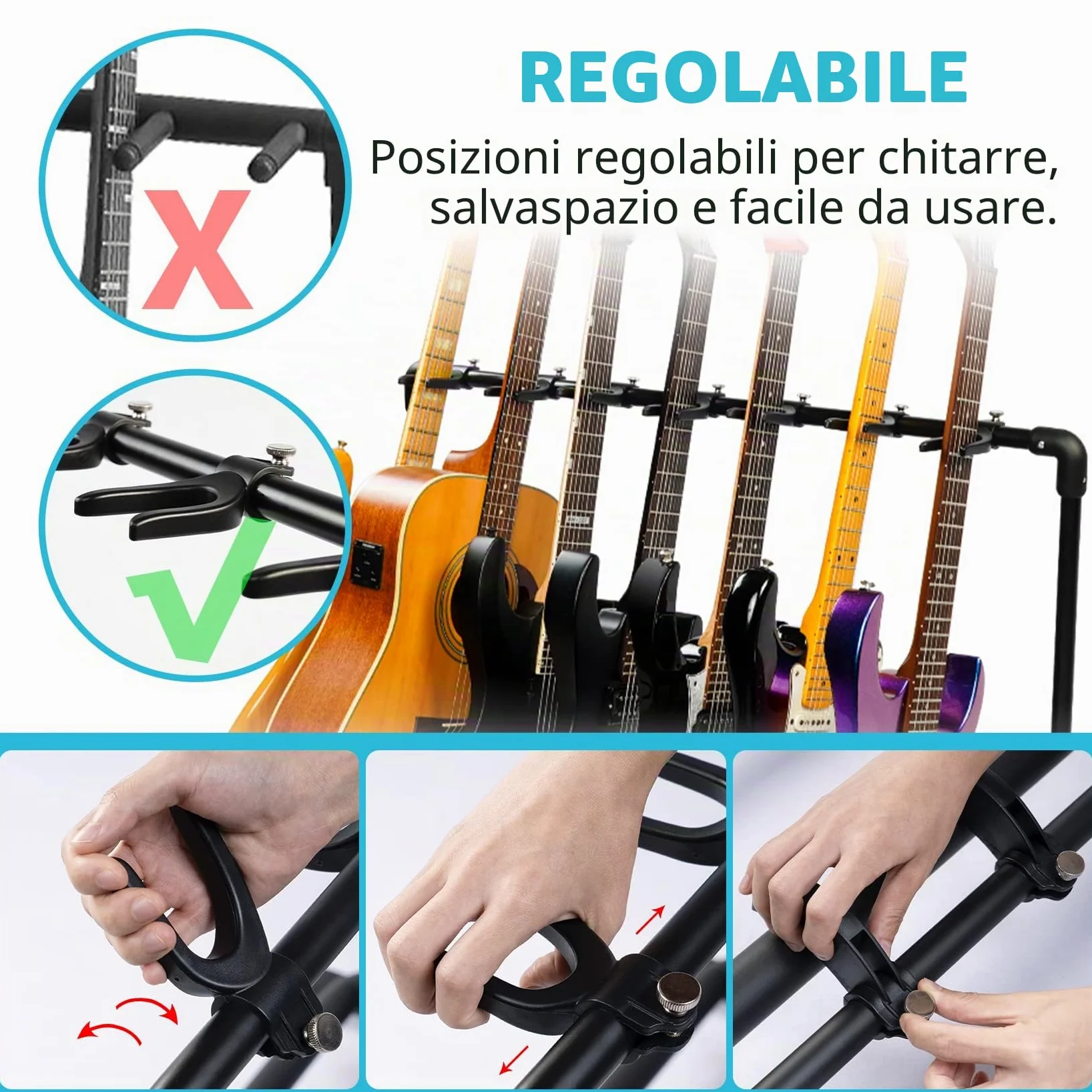 GUITTO - Supporto pieghevole universale per più chitarre, portatile, per basso e chitarra acustica, per banda e palcoscenico, 7 supporti GGS-11