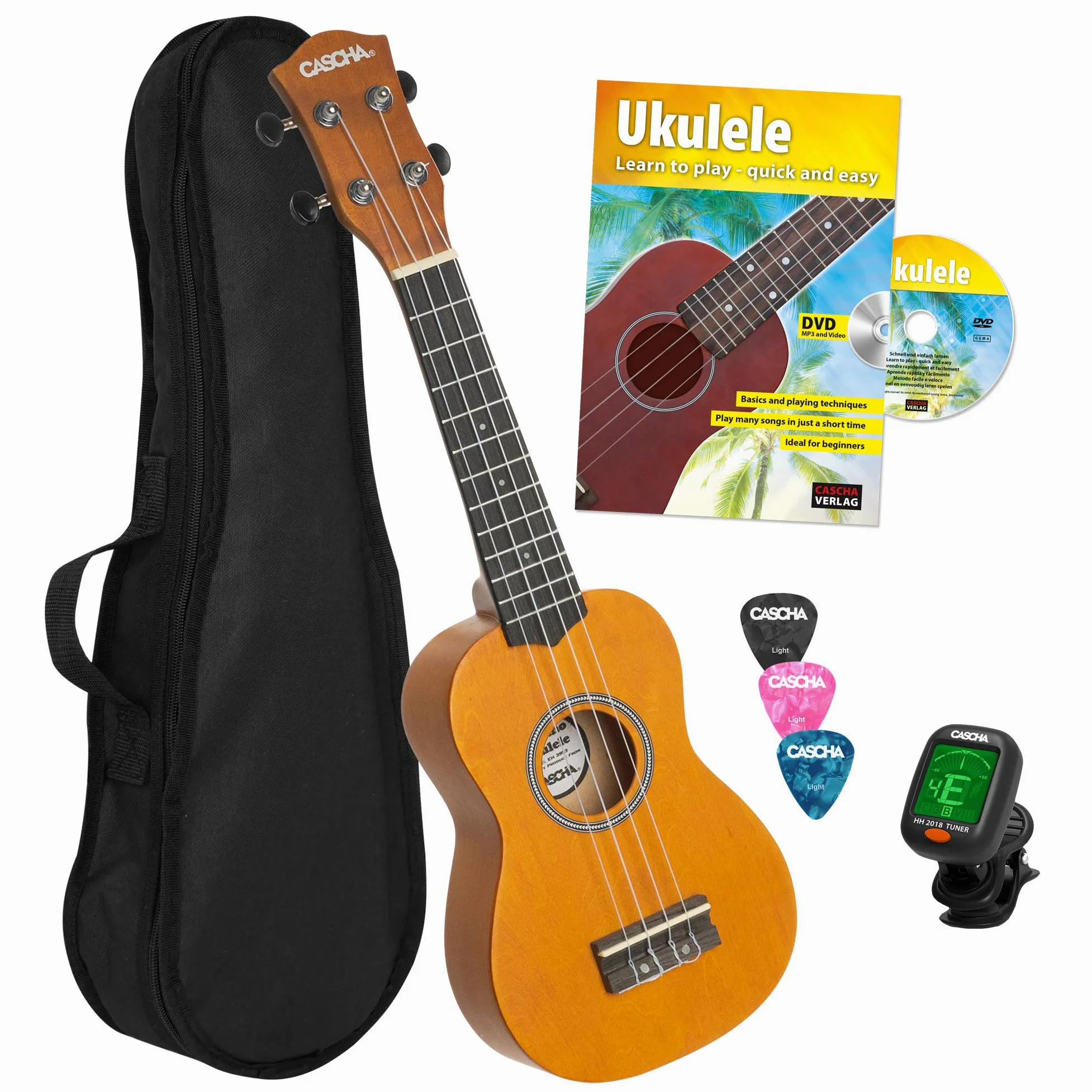 CASCHA Ukulele soprano giallo Bundle, piccola chitarra Hawaii per bambini e adulti, con ukulele, accordatore, borsa, 3 plettri e corde Aquila