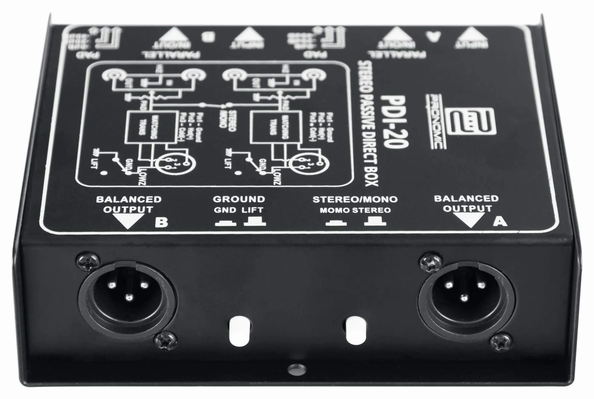 Pronomic PDI-20 passive Stereo-DI-Box - Gamma di frequenza: 15 Hz - 30 kHz - Interruttore Stereo/Mono - Interruttore Pad - Ground-Lift - nero