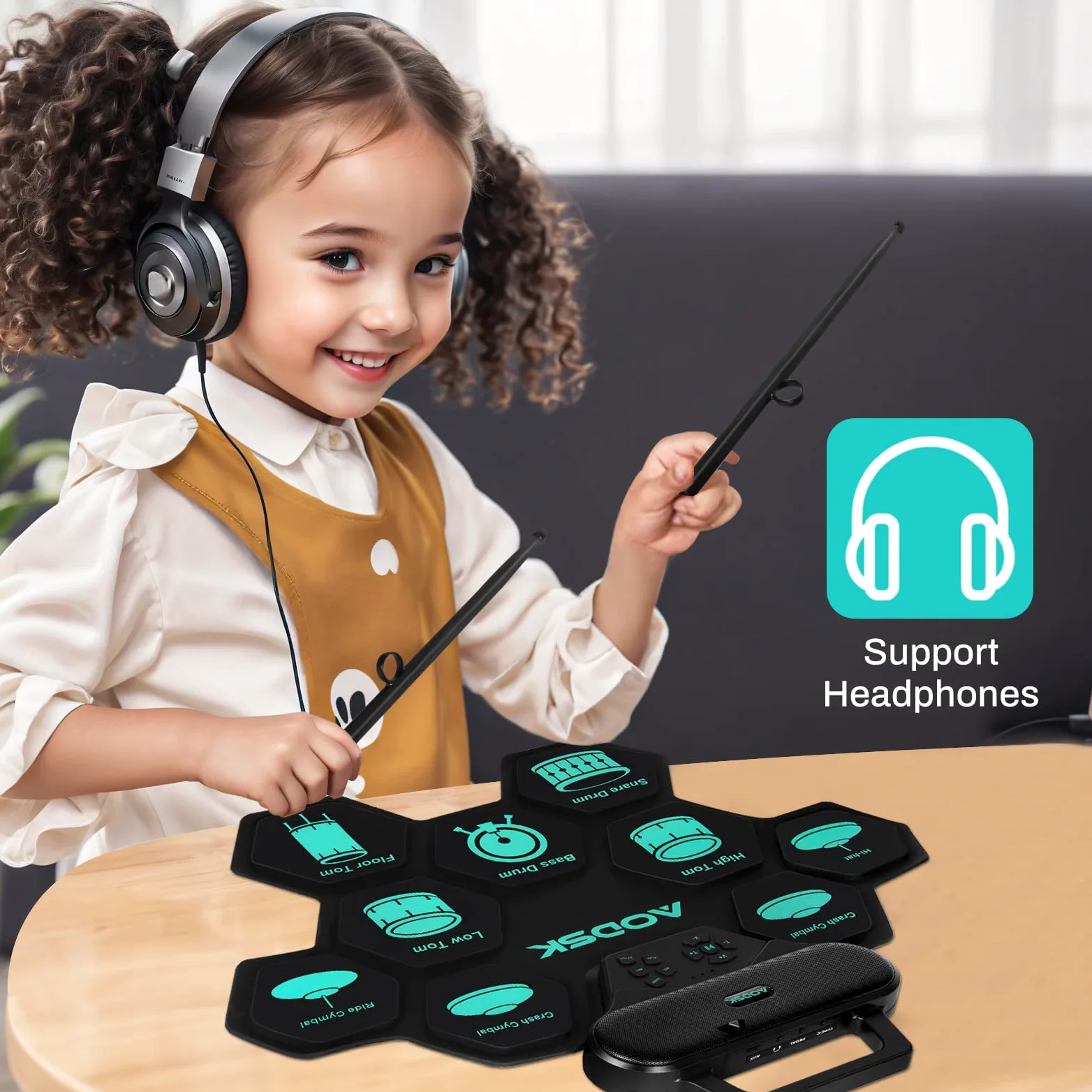 AODSK Set batteria elettronica, 9 pad per esercitarsi con jack per cuffie, macchina arrotolabile con altoparlante integrato, pedali, bacchette, ottimo regalo per Natale, compleanno