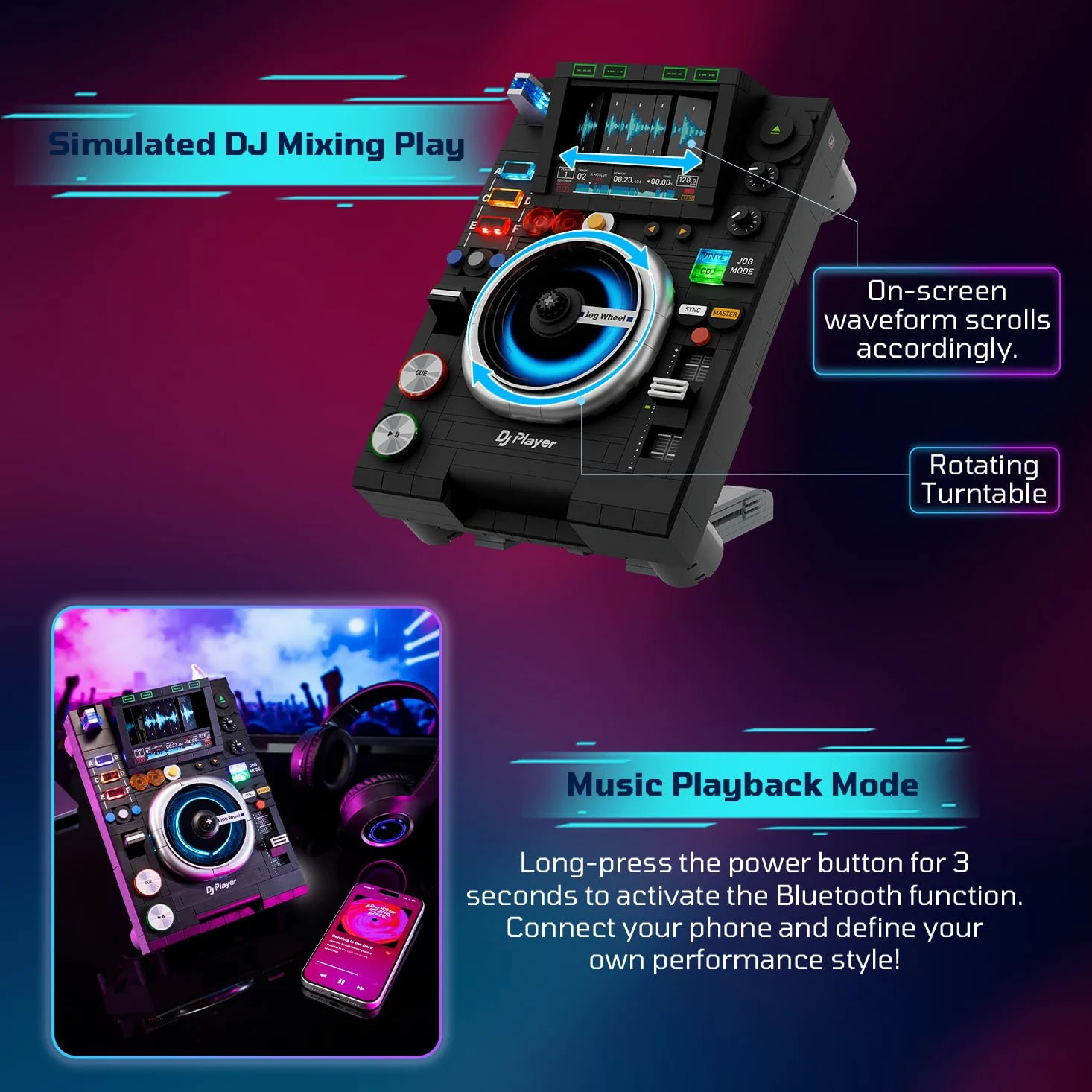 PANTASY Blocchi da costruzione per controller DJ, giradischi per DJ, riproduzione musicale Bluetooth, doppia modalità di illuminazione, supporto regolabile, giocattolo interattivo da scrivania per