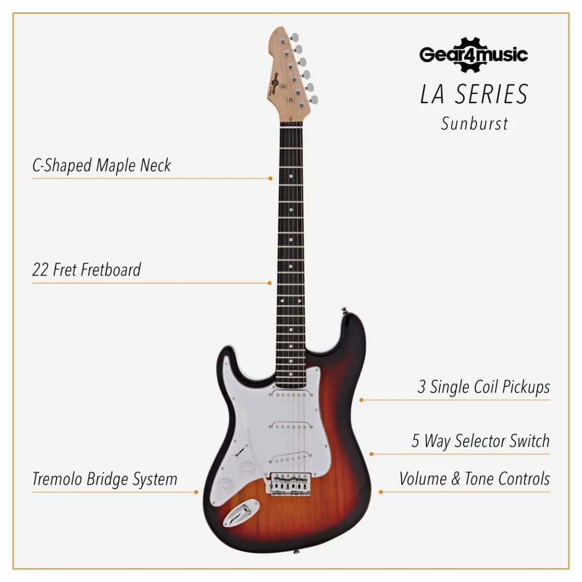 Chitarra Elettrica LA per Mancini di Gear4music, Sunburst | Per mancini principianti e chitarristi in progresso, corpo leggero e comodo, tre pickup single coil