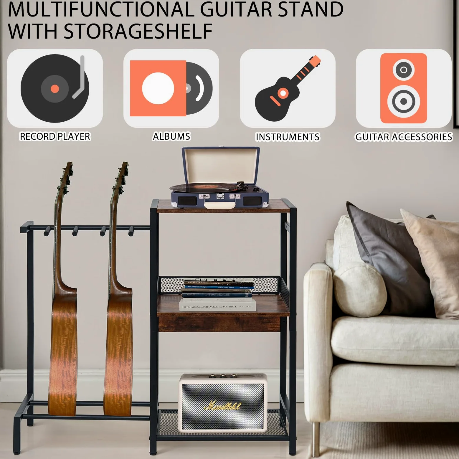 Supporto per chitarra, supporto per chitarre multiple fino a 3, supporto per giradischi in vinile a 3 livelli, rack per acustica, basso, ukulele, amplificatore, supporto per giradischi per
