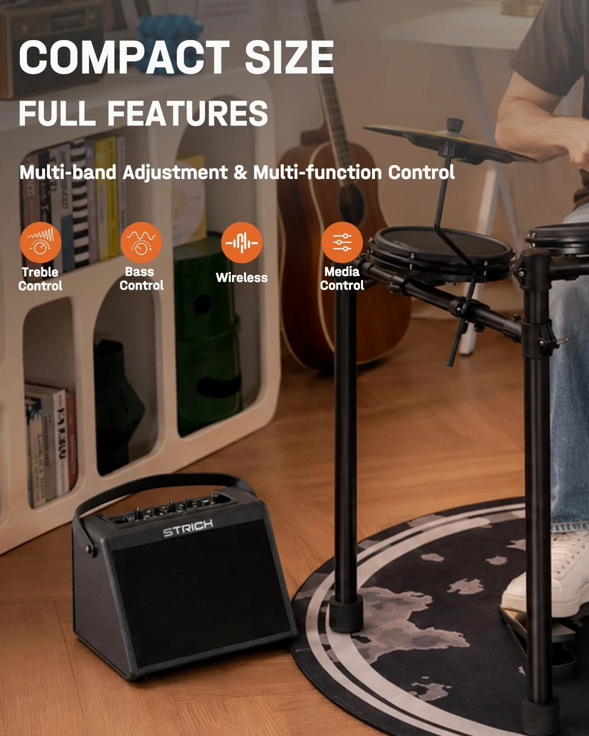 STRICH Amplificatore elettronico per batteria da 20 W, amplificatore per batteria wireless, altoparlante portatile per batteria e tastiere elettroniche, amplificatore compatto per casa, studio e