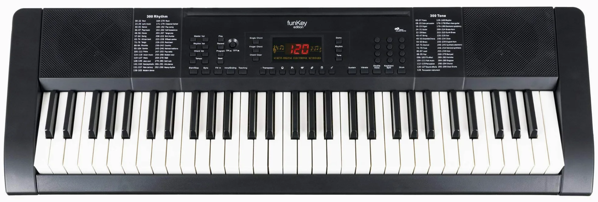 FunKey 61 Edition Nero, 300 suoni, 300 ritmi, 40 brani demo, Metronomo | Sustain, vibrato, double voice, trasposizione, split tastiera, intro/ending, drum, Funzione di registrazione, Uscita cuffie