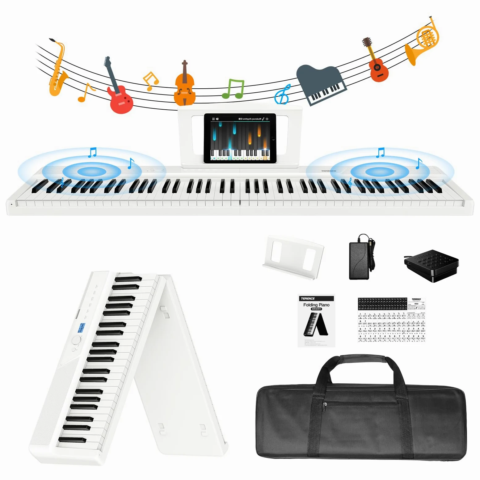 TERENCE 30W Pianoforte digitale Il pianoforte elettronico pieghevole più sottile e leggero Tastiera pesata a 88 tasti Touchpad a specchio Con interfaccia Bluetooth e MIDI Suona stili diversi Bianco