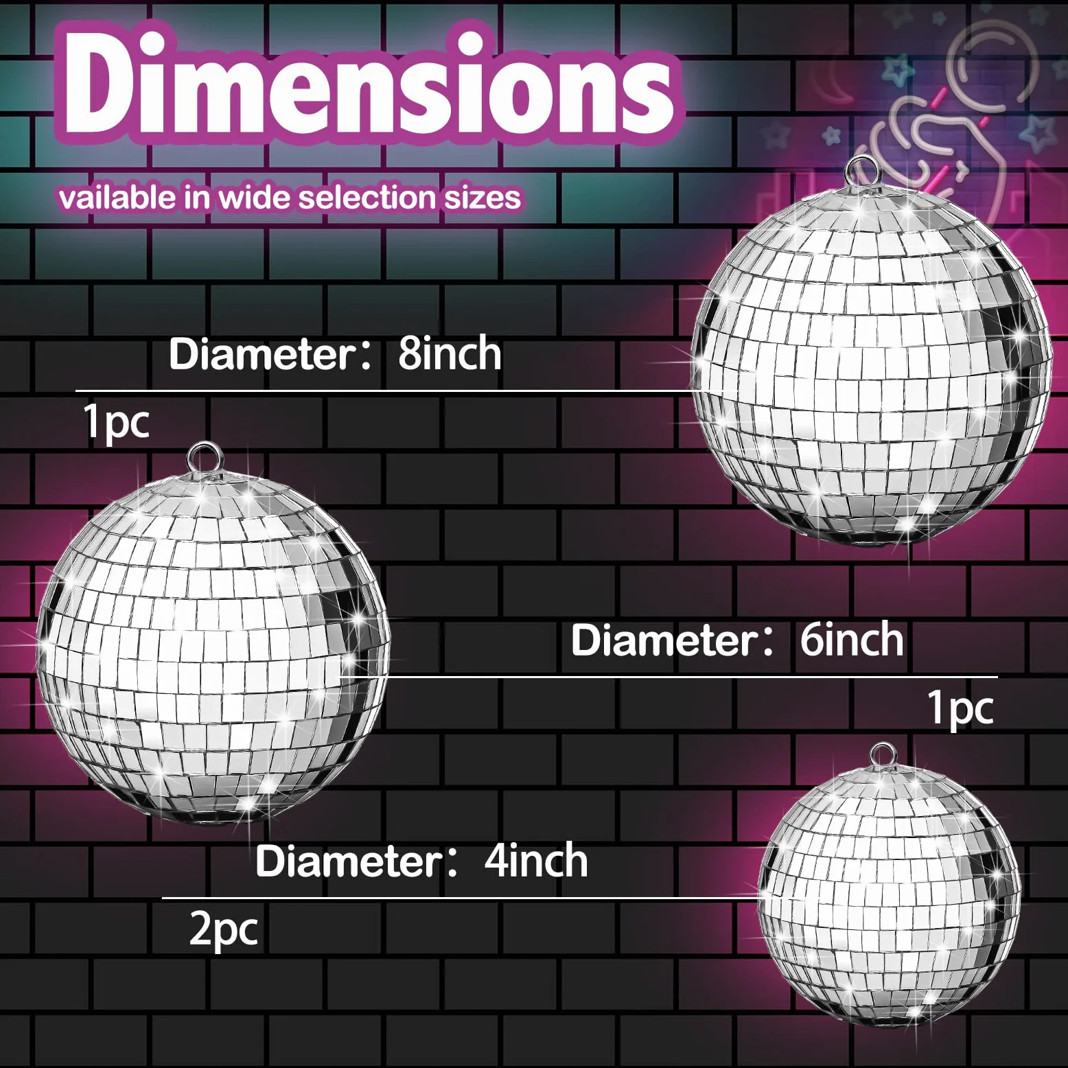 4 palline da discoteca grandi, da appendere, in argento, a specchio, ornamento per palcoscenico, club, balli di scena anni '70, matrimoni, danza, musica, compleanno (20, 15, 10 cm)